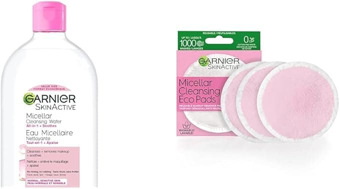 Eau nettoyante micellaire tout-en-un et 3 tampons écologiques réutilisables Garnier sur Amazon