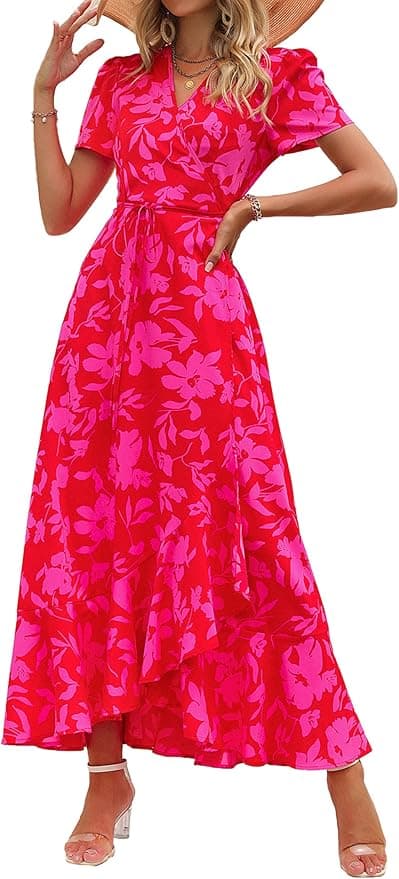 Robe d'été longue, rouge et rose à fleurs