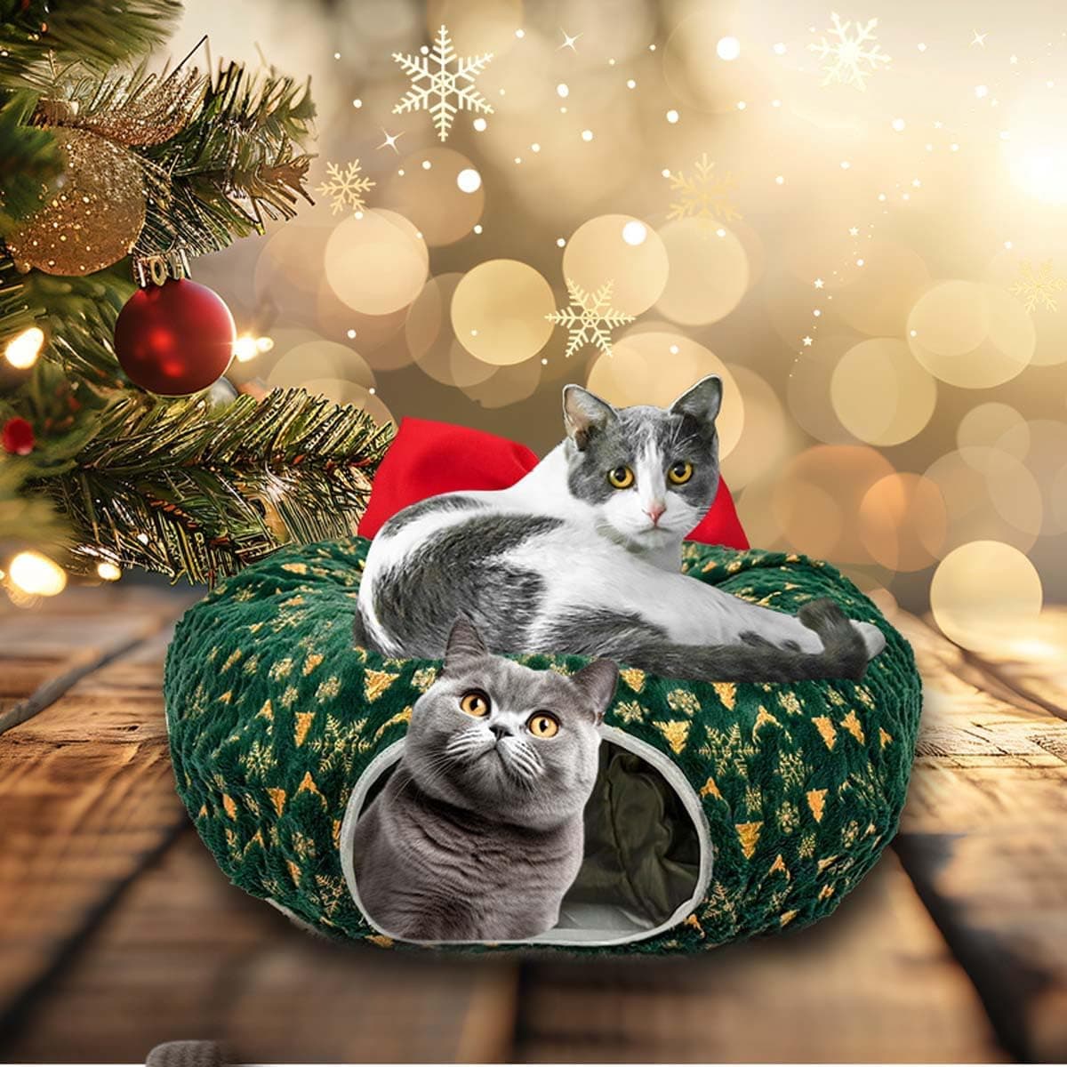 Tunnel de Noël pour chat avec motifs de sapin