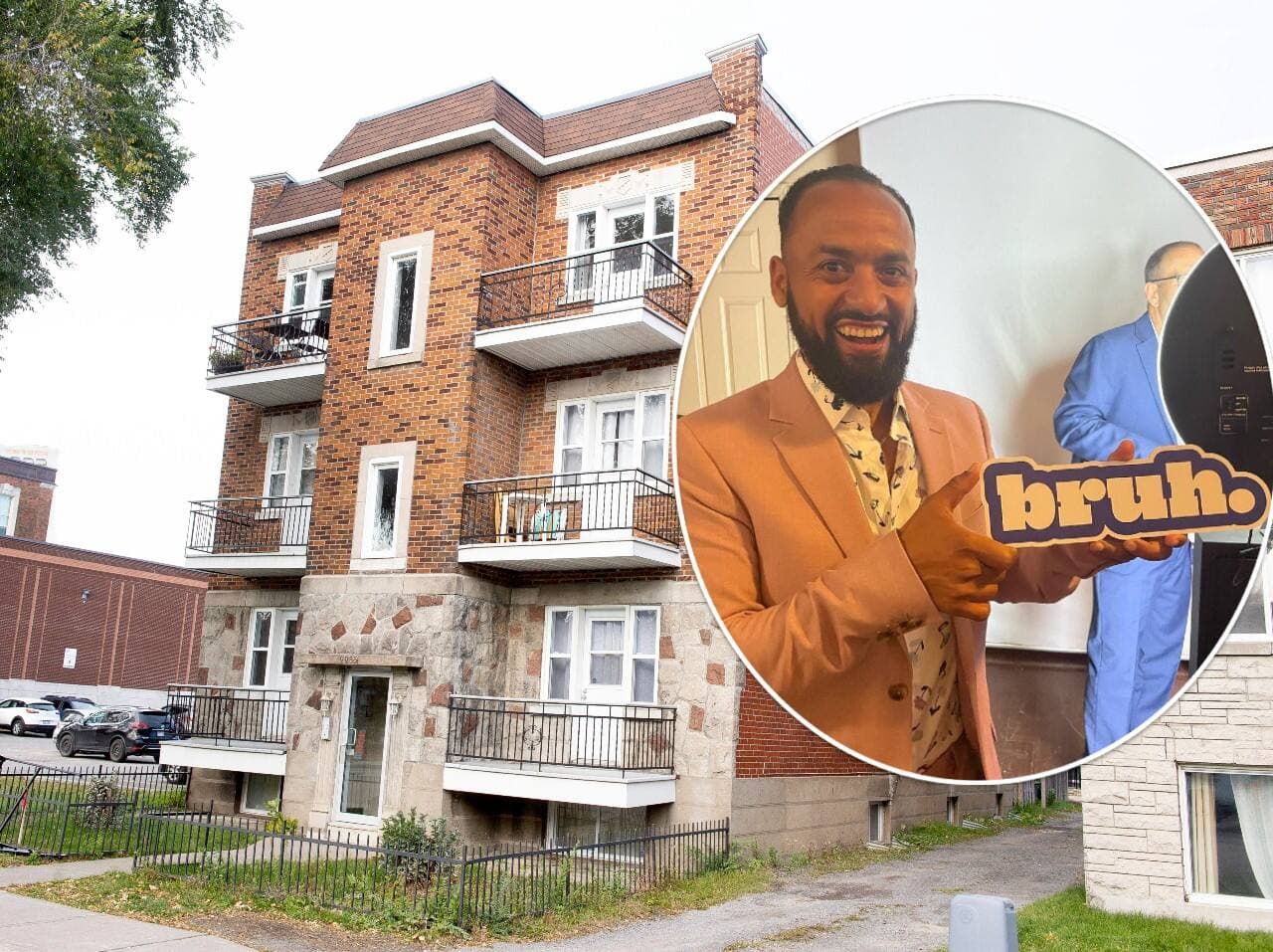 Meshullam Barthélemy, alias Mitch Barthélemy, condamné à payer 8000$ à son ancien locataire expulsé de mauvaise foi. En arrière-plan, l'immeuble où vivait le locataire en question avant d'être évincé.