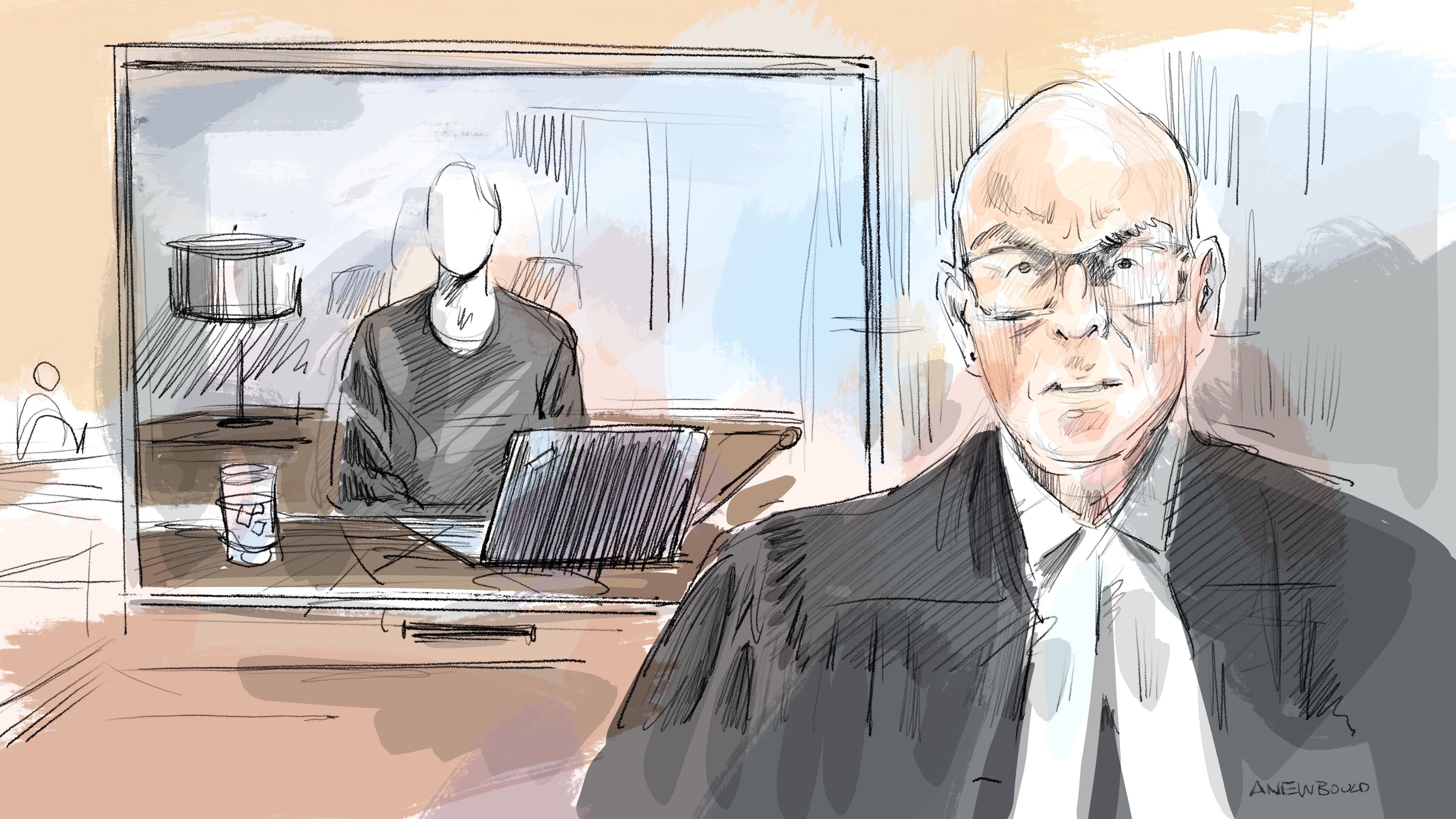 David Humphrey, avocat de la défense de Michael McLeod, en contre-interrogatoire avec la victime alléguée, qu’on ne peut identifier, qui témoigne via visioconférence, au palais de justice de London, en Ontario.