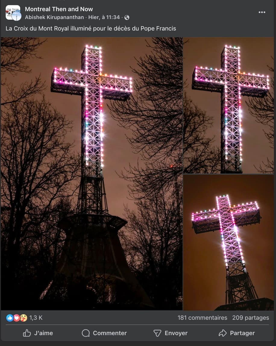 Capture d’écran d’une publication Facebook sur le groupe Montreal Then and Now qui montrait la croix illuminée en pourpre le lundi 21 avril 2025 à l’occasion de la mort du pape François… mais la Ville a rapidement remis la croix en blanc.