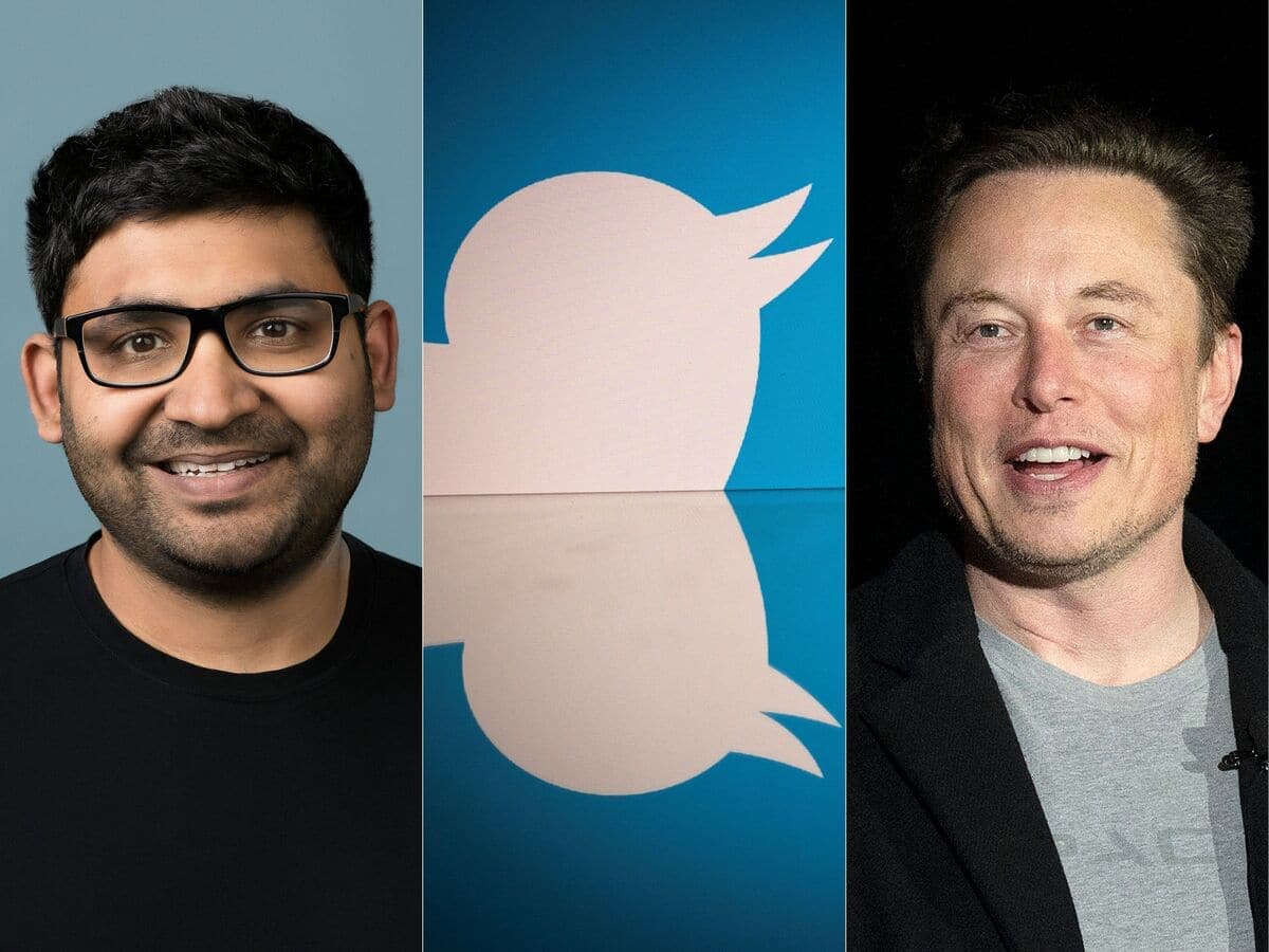 À gauche, l'ancien dirigeant de Twitter, Parag Agrawal. À droite, Elon Musk.
