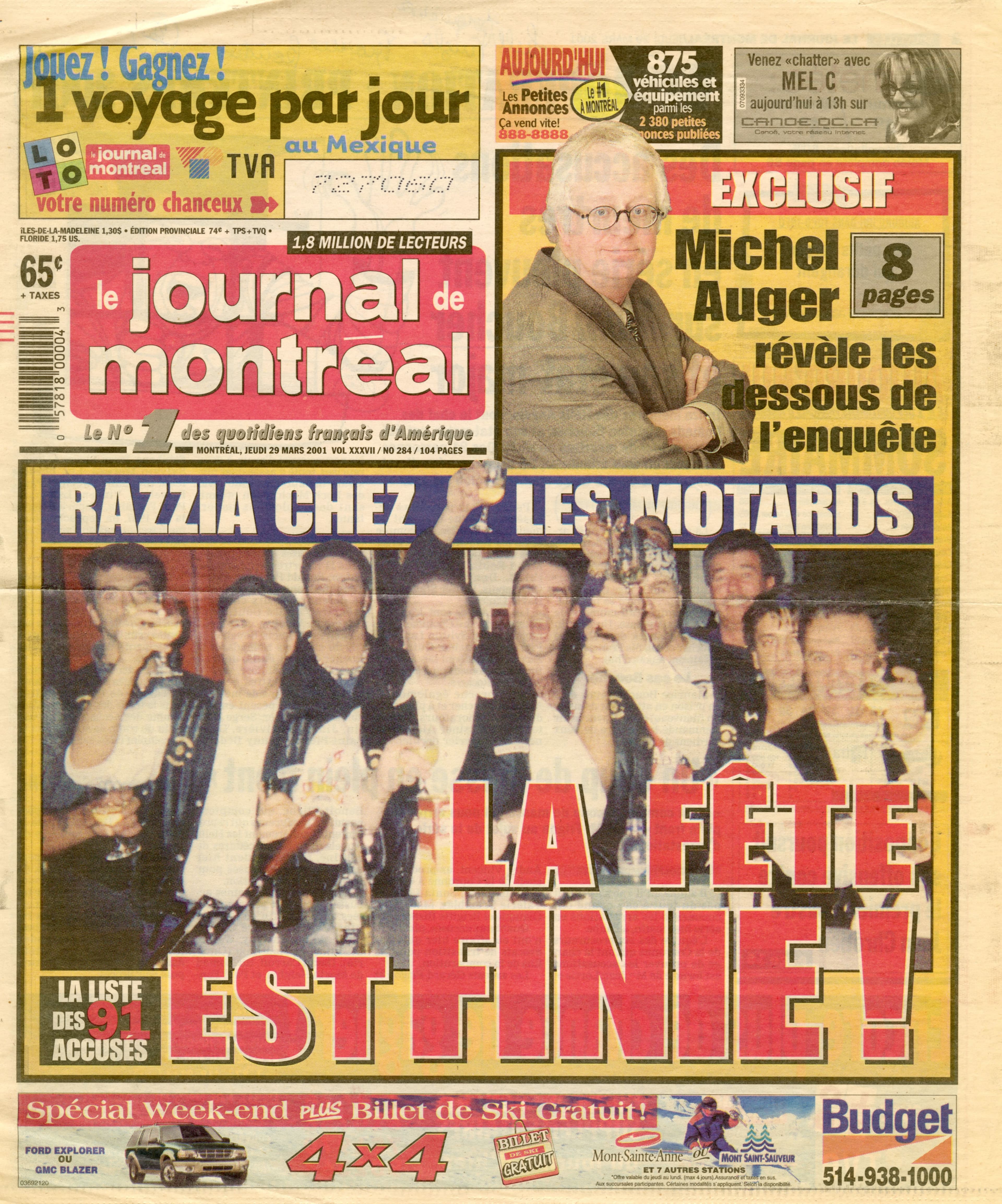 La une du Journal du Montréal au lendemain de la rafle policière, titrant « La fête est finie ! ».