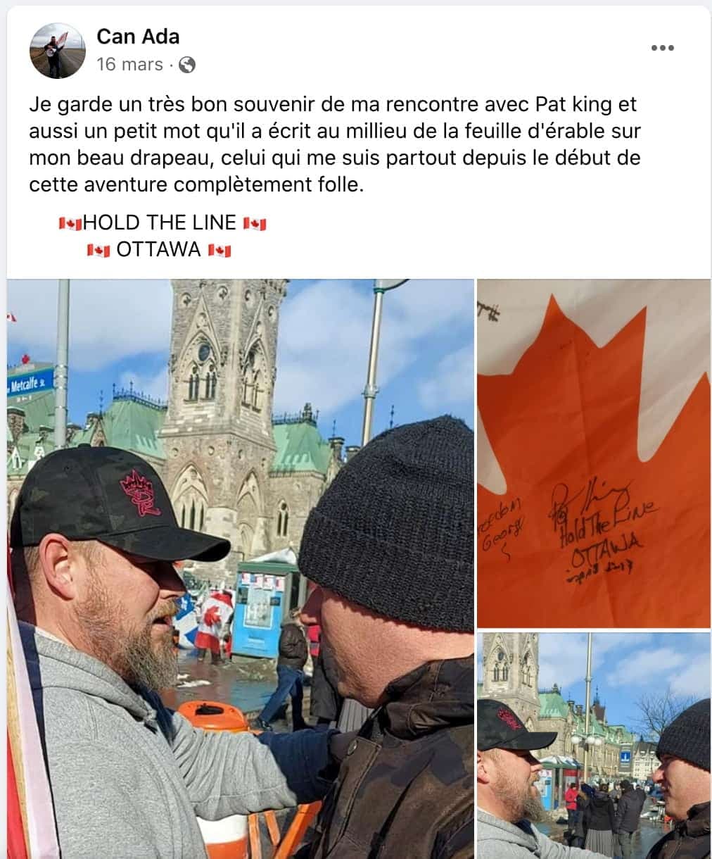 Des corps policiers du Québec surveilleront de près samedi un nouveau convoi de manifestants qui partira d’Ottawa pour se rendre au parc La Fontaine à Montréal au nom de la «liberté». Sur cette photo : L'organisateur du Convoi avait participé au convoi à Ottawa en mars dernier. Le voici avec le controversé Pat King  Crédit photo : Can Ada / Facebook