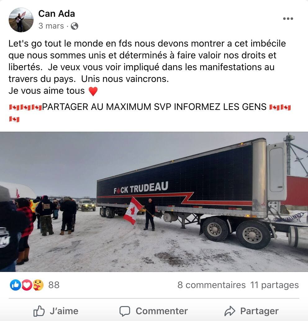 Des corps policiers du Québec surveilleront de près samedi un nouveau convoi de manifestants qui partira d’Ottawa pour se rendre au parc La Fontaine à Montréal au nom de la «liberté». Sur cette photo : L'organisateur du Convoi avait participé au convoi à Ottawa en mars dernier Crédit photo : Can Ada / Facebook