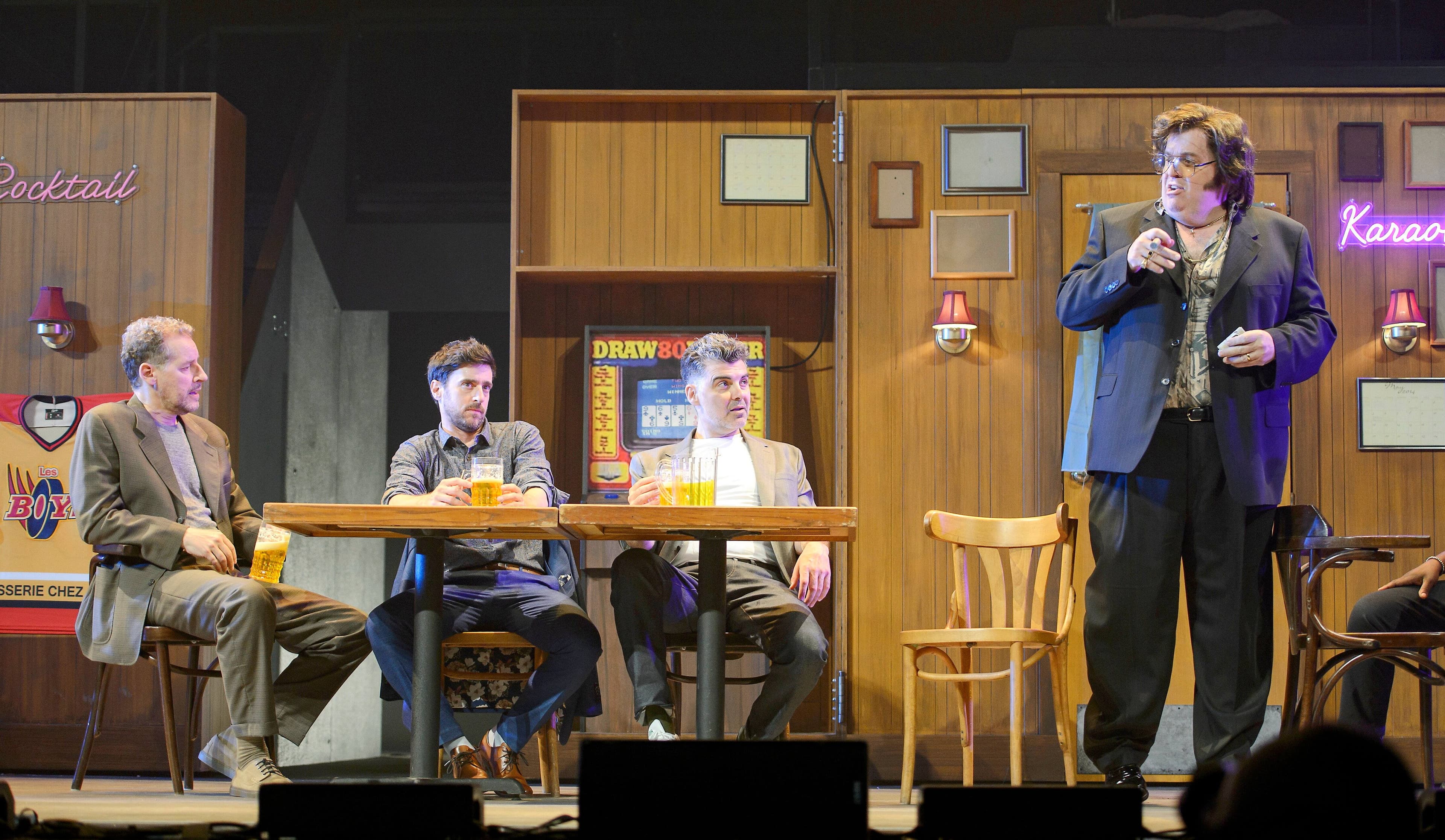 Gabriel Sabourin (Jean-Charles), Benoit Drouin-Germain (Ti-Guy), David Savard (Bob) et Louis Champagne (Méo) dans une scène de «Les Boys, le spectacle».