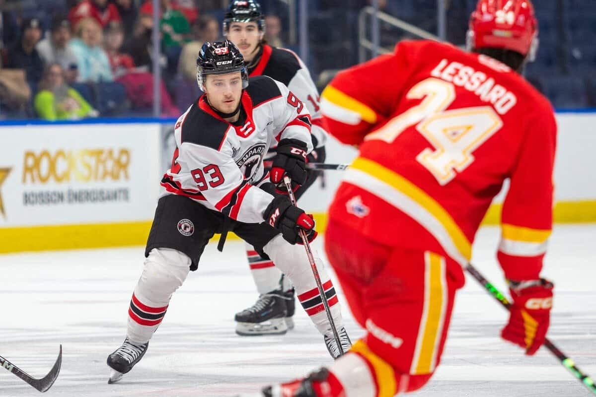 L'attaquant des Remparts de Québec Justin Robidas lors du match du 18 janvier 2023 face au Drakkar de Baie-Comeau.

Photo courtoisie Jonathan Roy / Remparts de Québec