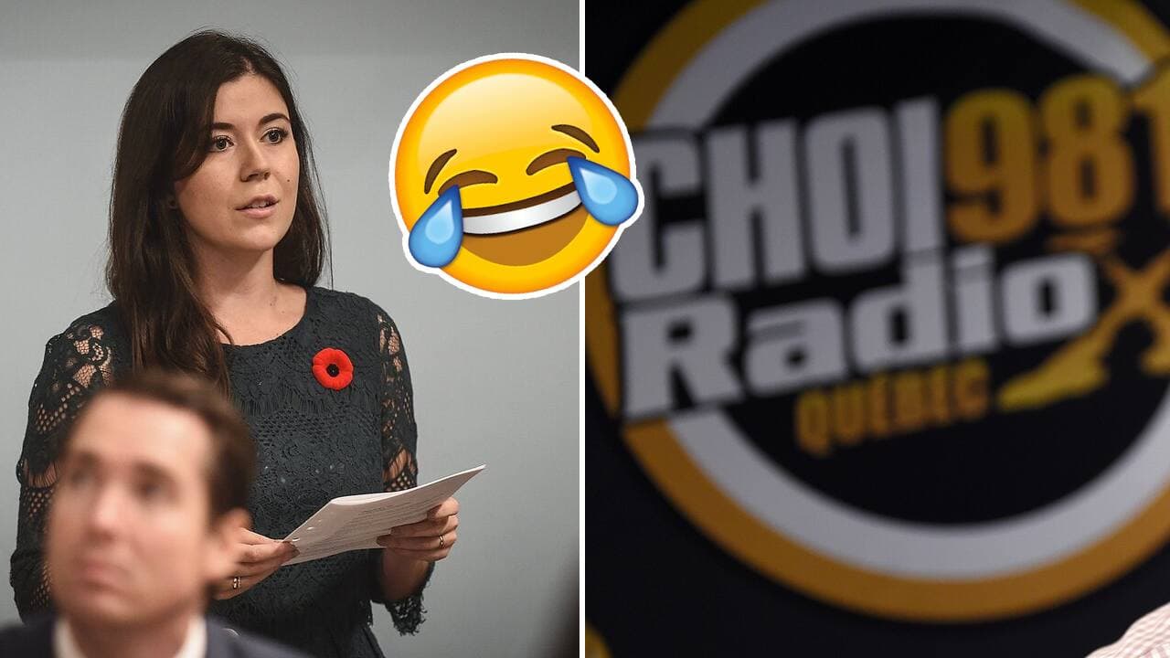 Catherine Fournier, le logo de CHOI Radio X et un bout d'épaule de Jeff Fillion