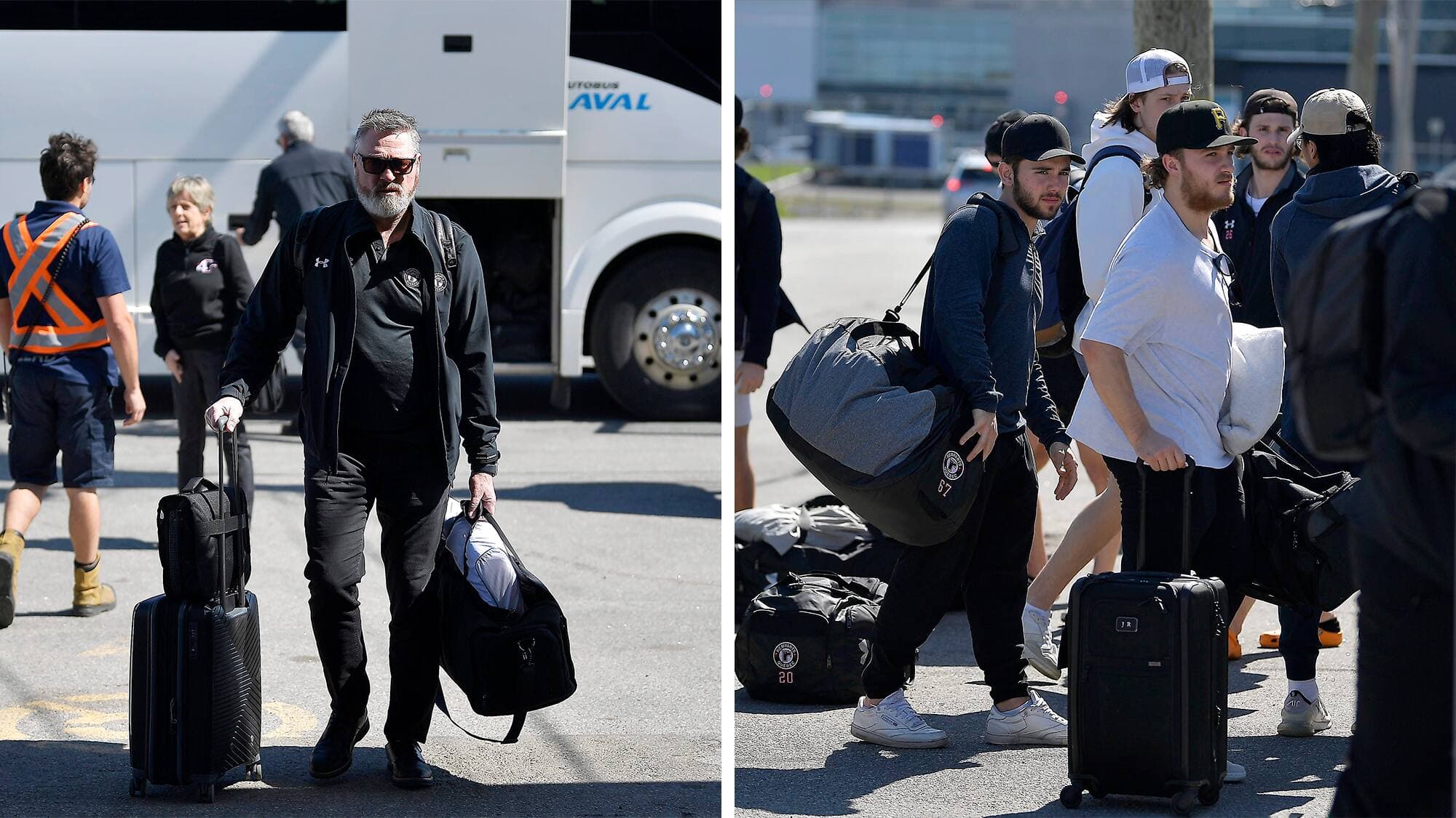 Patrick Roy et les Remparts arrivent à l’aéroport de Québec, ce dimanche, en route pour Halifax, pour les troisième et quatrième matchs de la finale.
