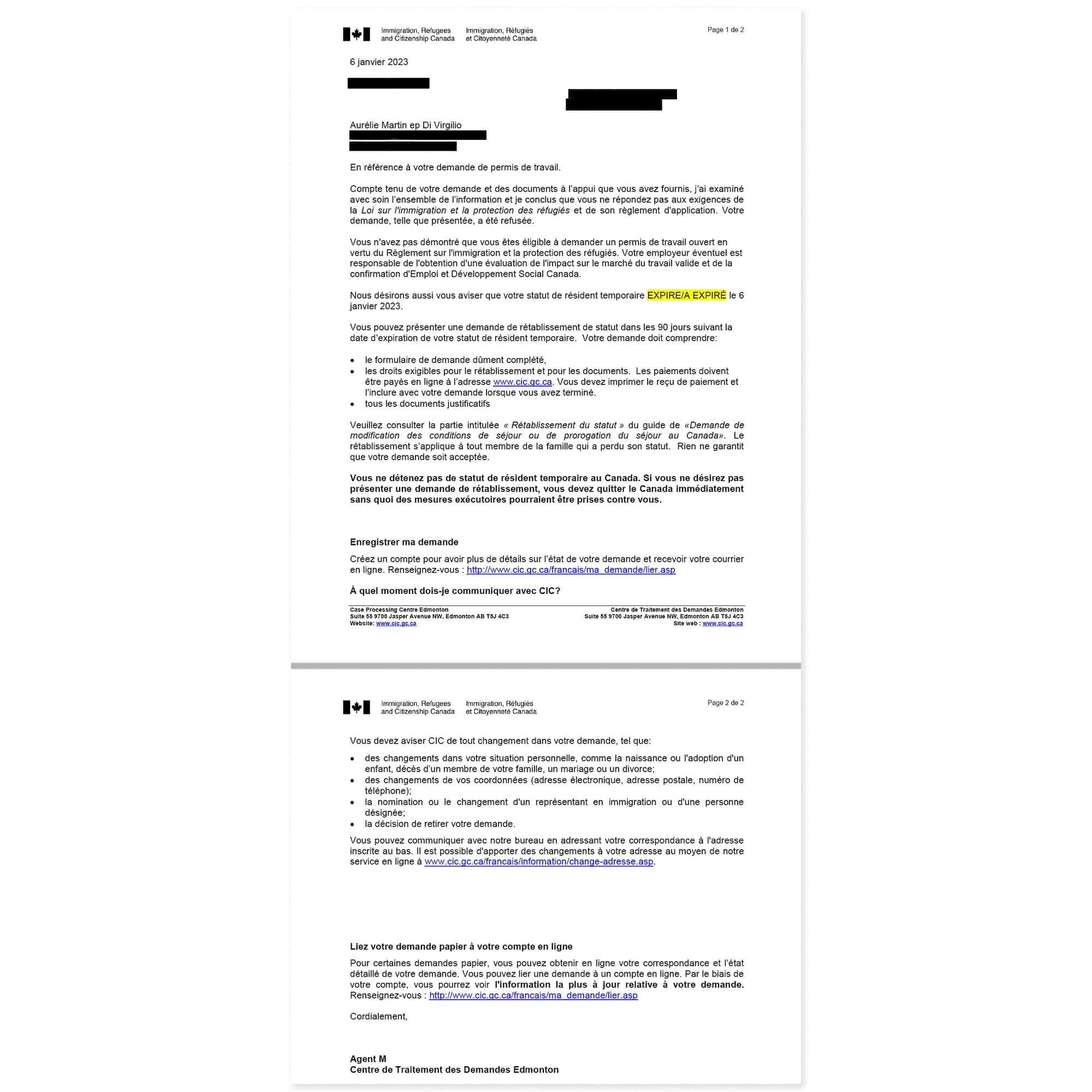 La lettre d’Immigration Canada envoyée à Mme Martin.