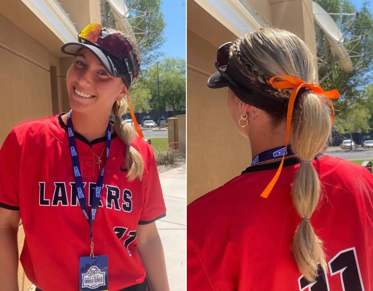 La Québécoise Noémye Letendre a porté un ruban orange dans le cadre des Séries mondiales de softball des collèges américains, les 19 et 20 mai 2025, à Yuma, en Arizona, afin de souligner la bataille contre la leucémie que livre la petite Amilia, fille de son ancien entraîneur Ivan Naccarata.