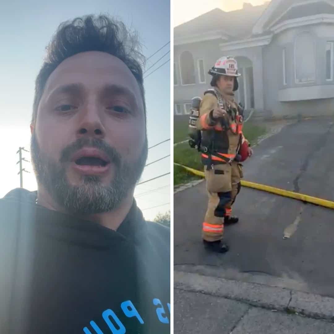 À gauche, le complotiste Jonathan Blanchette qui se filme, alors que sa maison brûle. À droite, un pompier lui ordonnant de quitter le site de l'incendie.