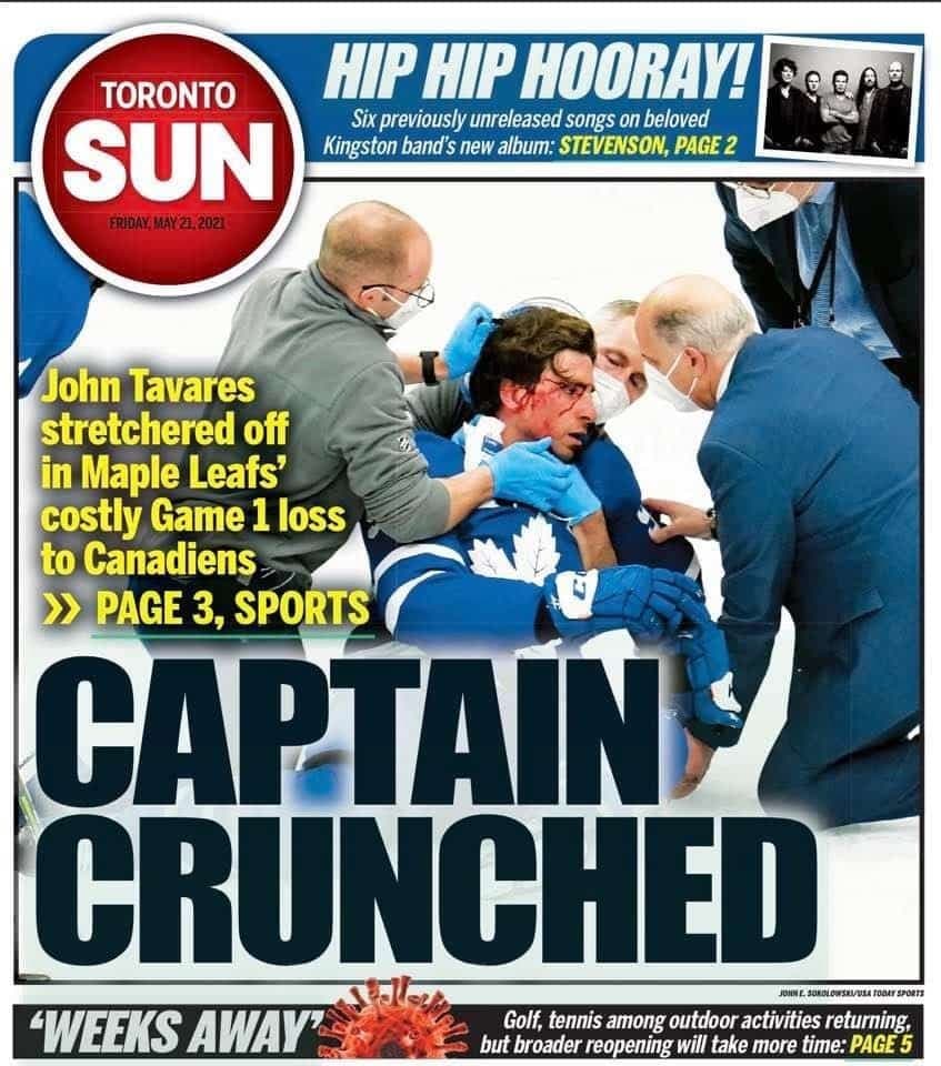 Le quotidien «Toronto Sun» a été fortement critiqué, ce vendredi matin, en publiant en frontispice une photo du capitaine des Maple Leafs John Tavares, mal en point, avec le titre «Captain crunched».