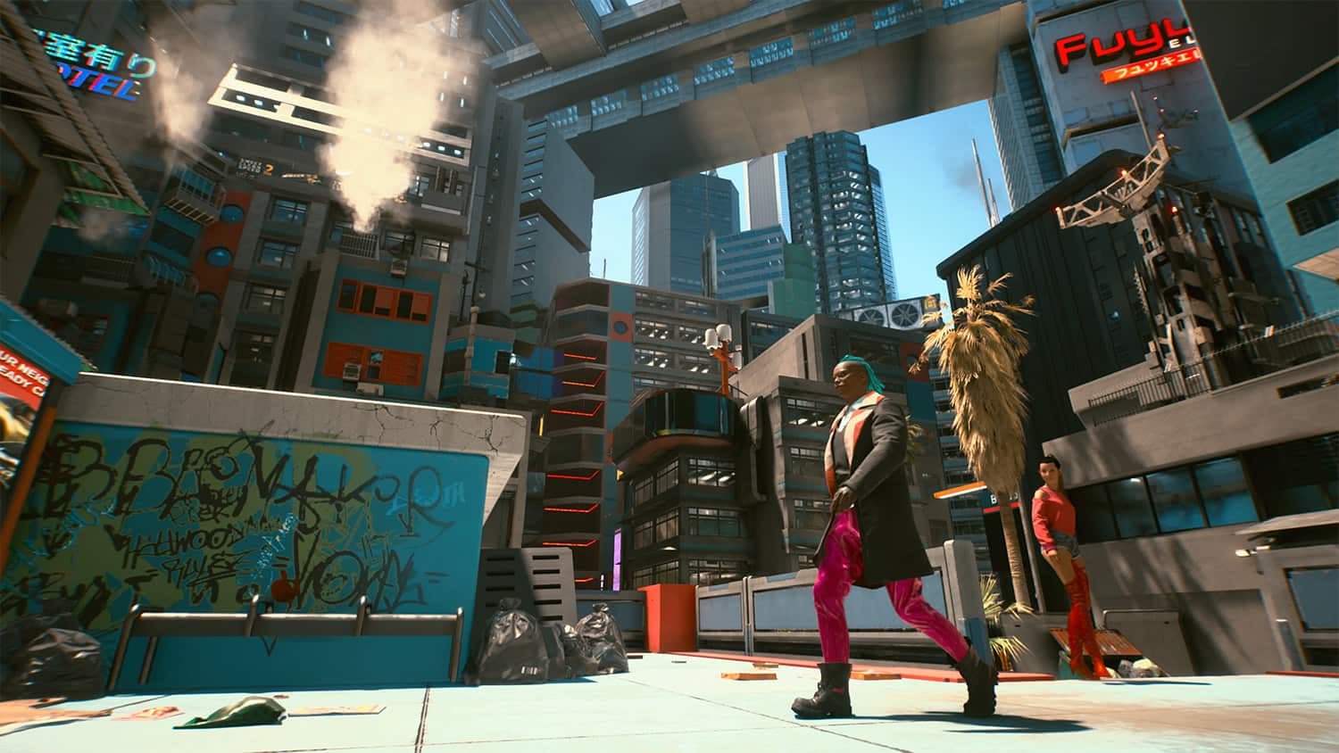 Une scène de rue de Cyberpunk 2077, sur Stadia.