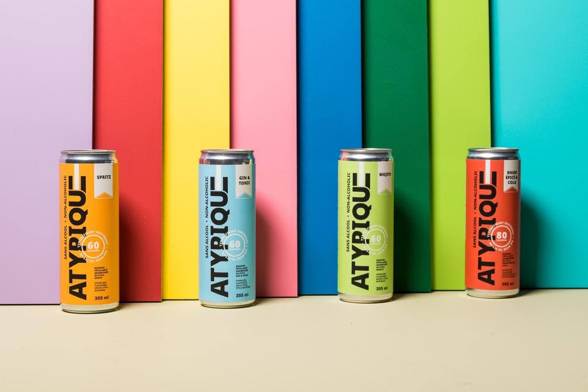La nouvelle gamme prêt-à-boire Atypique est composé de 4 saveurs soient un spritz, un mojito, un gin tonic et un rhum & coke, tous sans alcool.