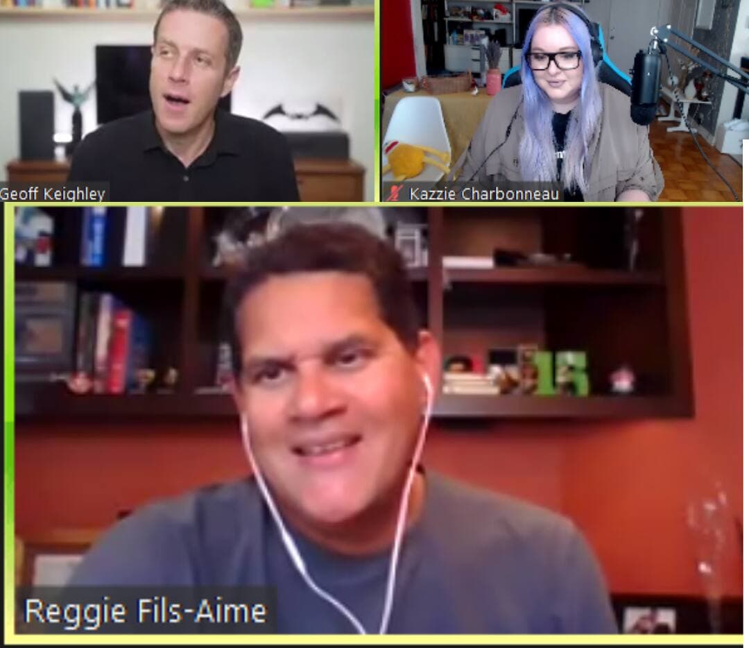 L'appel Zoom avec Geoff Keighley et Reggie Fils-Aimé. À noter qu'il y avait quand même 20 autres personnes en webcam et une centaine dans le chat!