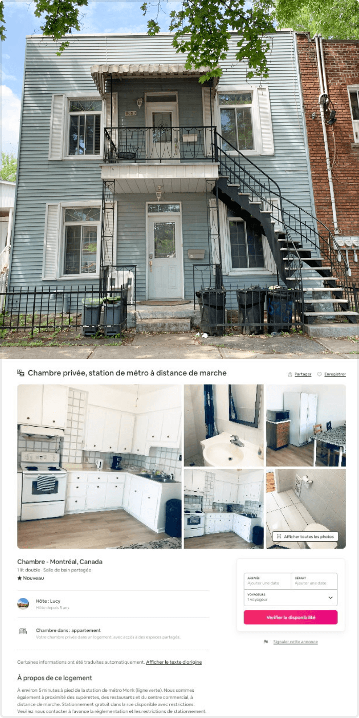 Sept chambres sont à louer sur Airbnb dans ce duplex du sud-ouest de Montréal où Yang Song a déclaré sa résidence principale. Comme dans de nombreux plex que nous avons visité, l’une des adresses a été arrachée de manière à ce qu’il ne reste que celle de la « résidence principale » déclarée à Québec.