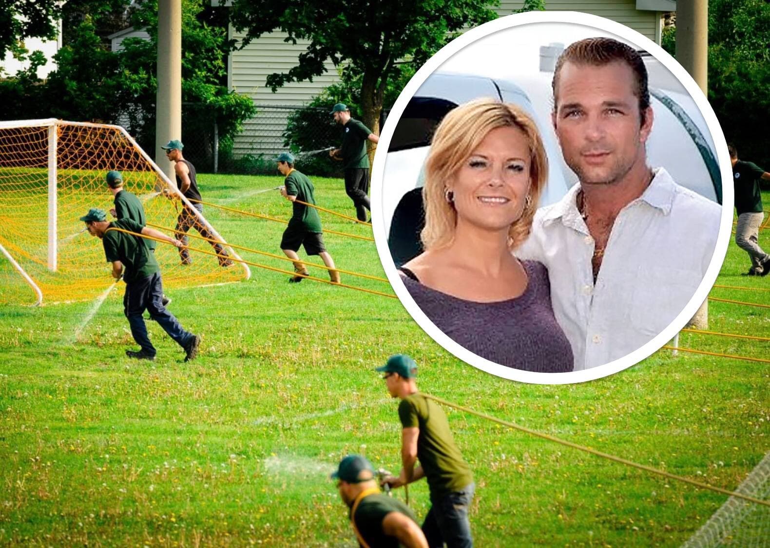 Valérie Côté et Mario Cloutier, confondateurs de l'entreprise «Paysagement Communautaire». En arrière-plan, une photo faisant la promotion de la compagnie qui a été reconnue, entre autres, coupable de harcèlement incessant au téléphone.