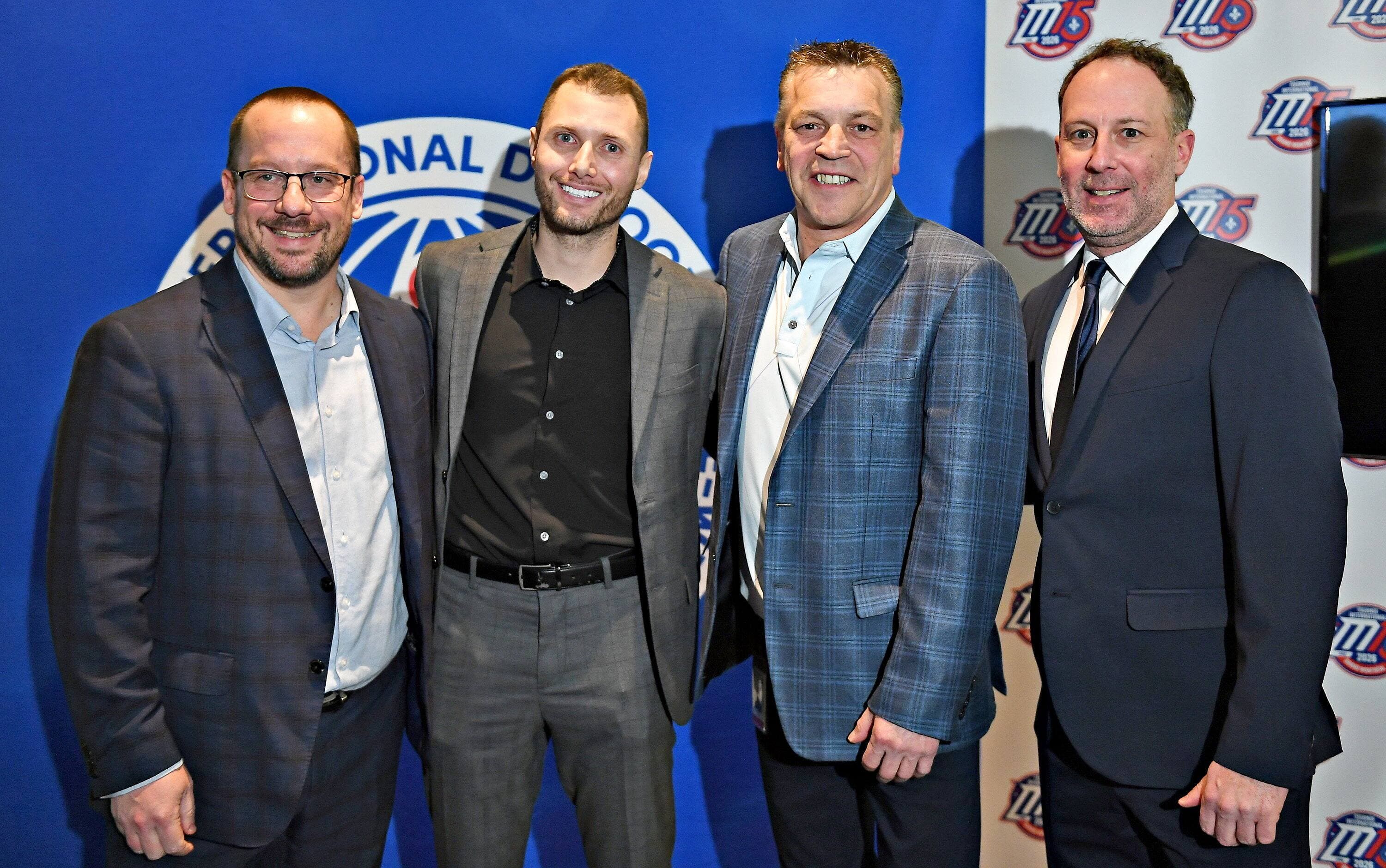 Martin Lavallée, Frédéric Chabot, Patrick Dom et Dominic Beaudry, mardi, au Centre Vidéotron, lors de l’annonce de la création du nouveau tournoi international M15 du grand Montréal.