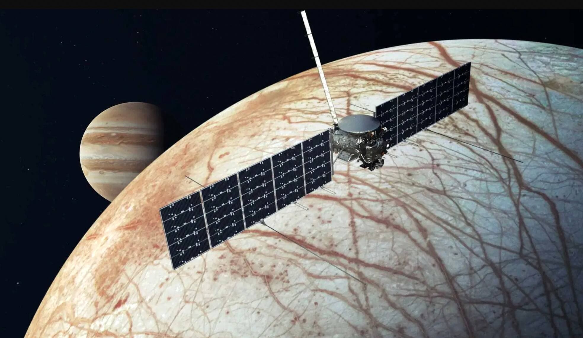 La sonde Europa Clipper est en route vers Jupiter pour s’approcher de sa lune Europe. Objectif: déterminer si les conditions sous la glace sont favorables à la vie. Crédit: NASA/JPL-Caltech