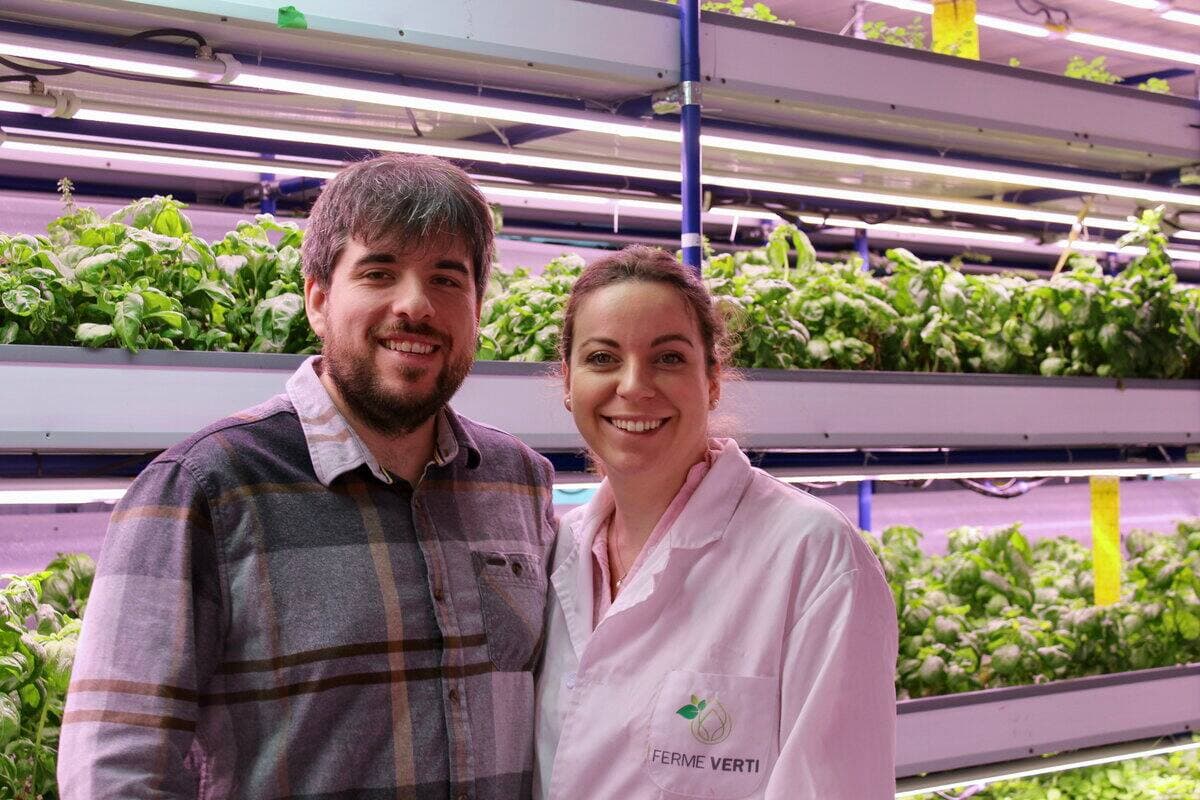 Sarah Lussier et Dominic Martel, cofondateurs de la Ferme VERTI à Cap-Santé, qui se spécialise dans la culture hydroponique de fines herbes.