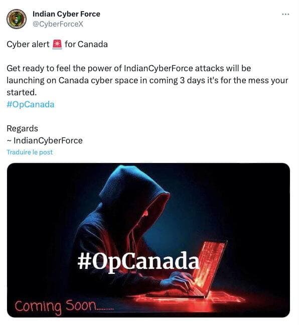 Le groupe de cyberpirates Indian Cyber Force s’est vanté mardi d’avoir lancé une attaque sur l'Hôpital d'Ottawa dans la foulée des tensions grandissantes entre Ottawa et New Delhi.