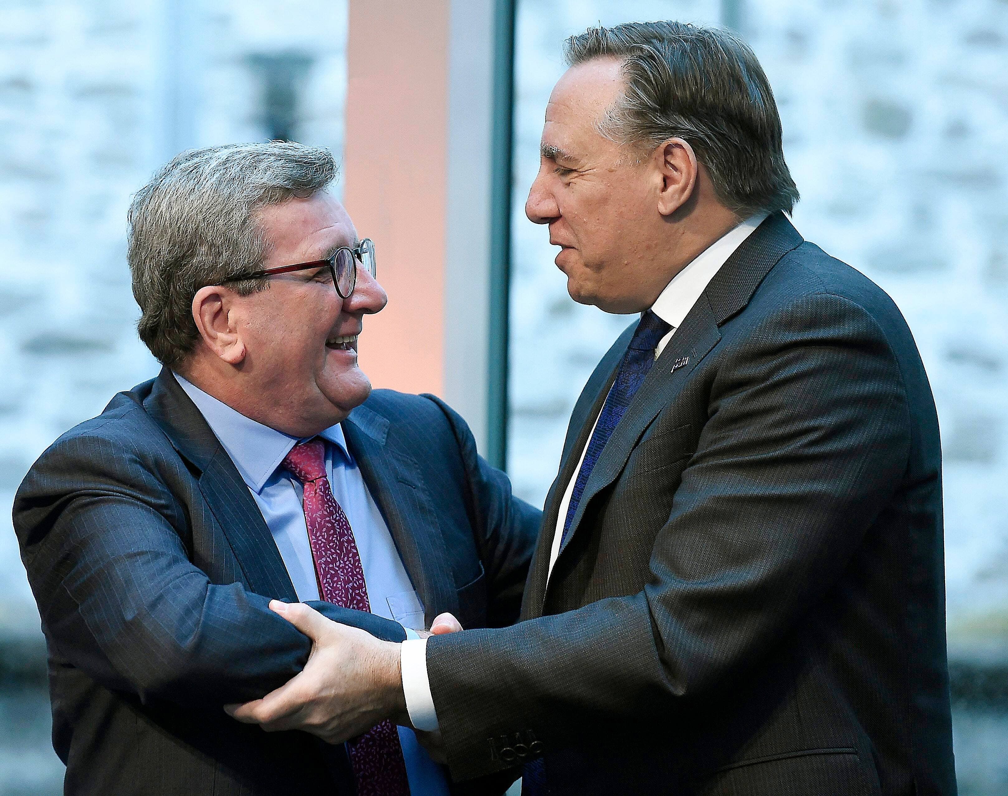 Régis Labeaume et François Legault lors d’un point de presse en 2018, au Musée de la civilisation