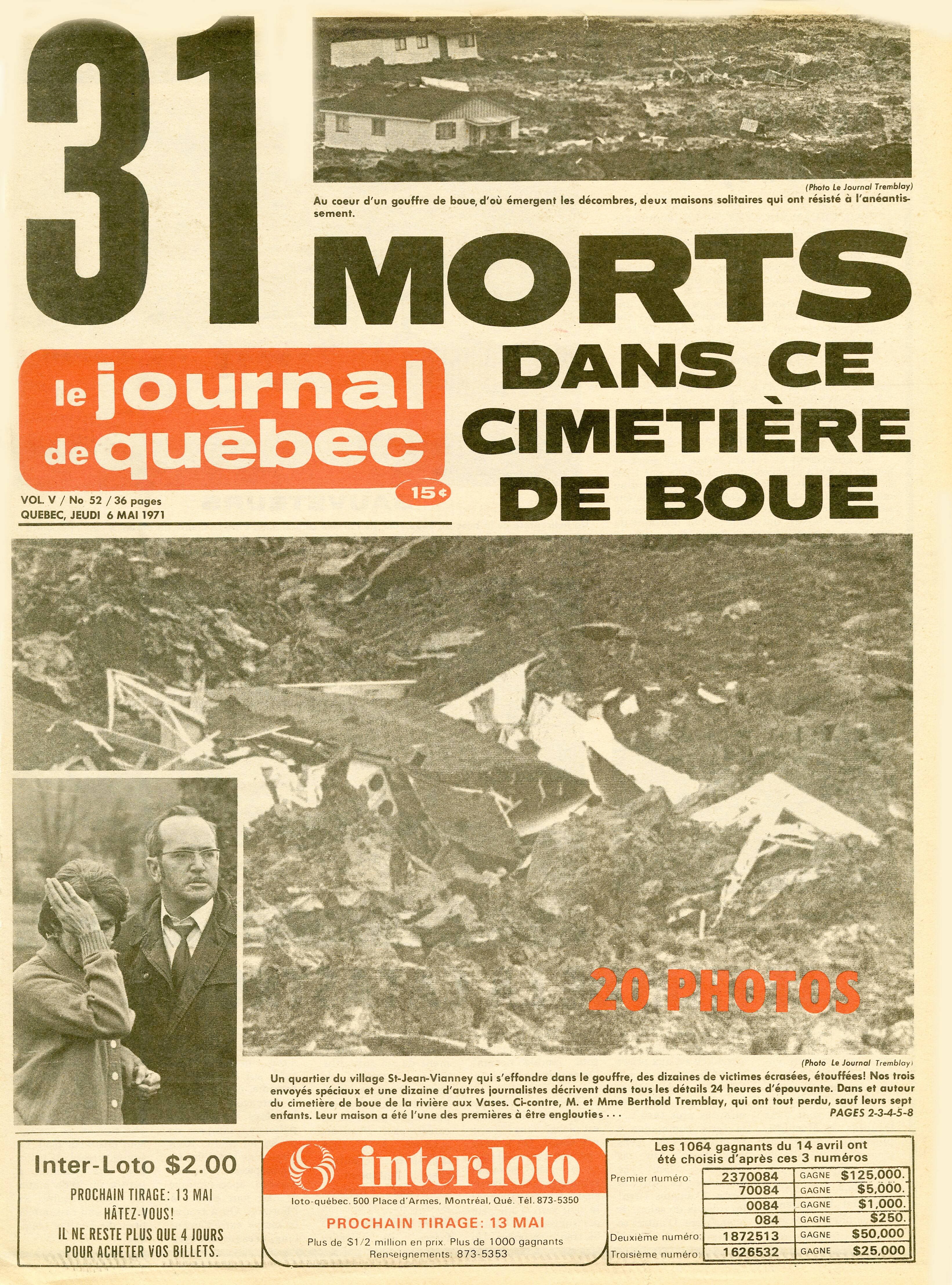 La une du Journal de Québec à la suite du glissement de terrain à Saint-Jean-Vianney.