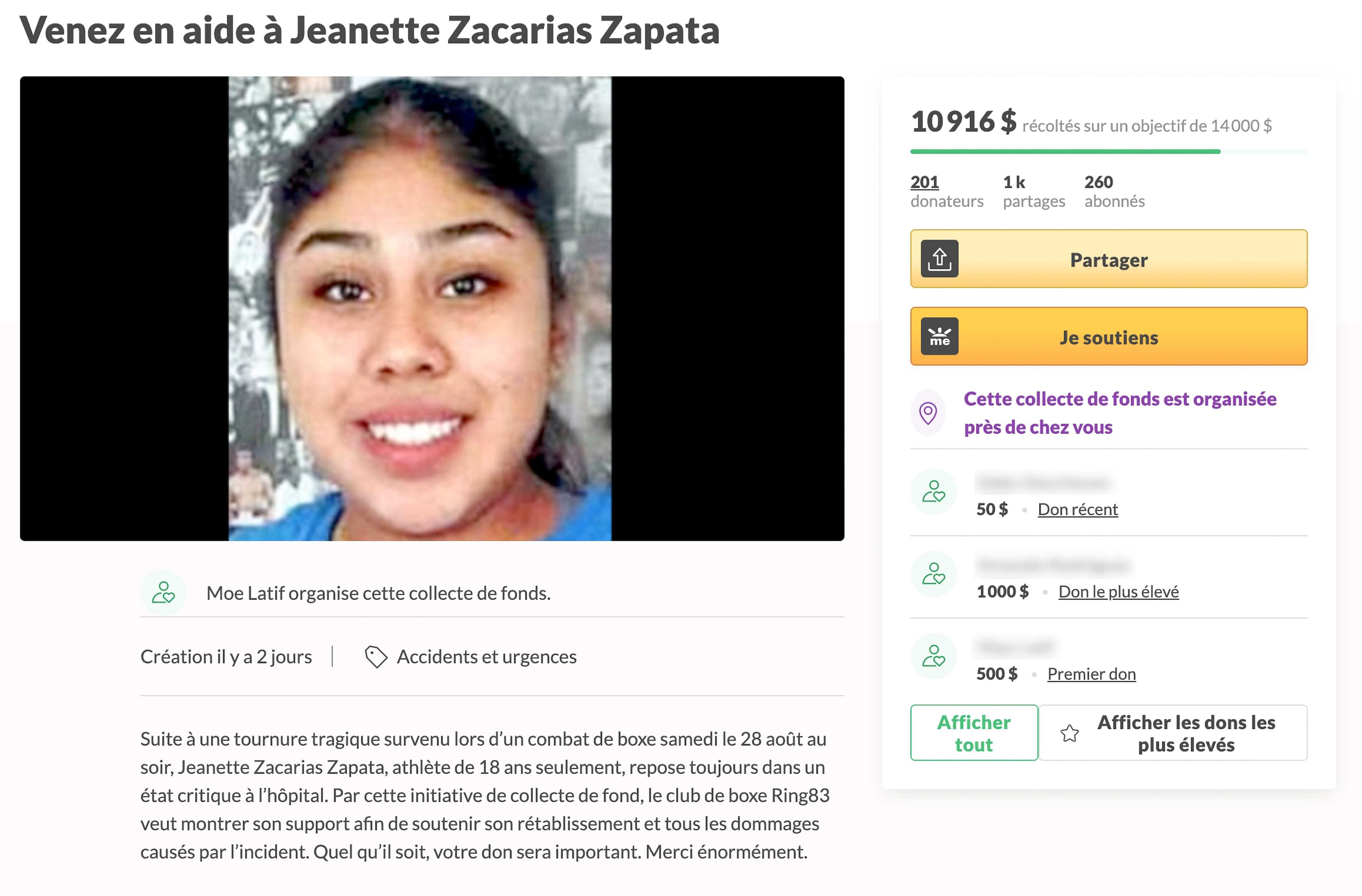 Le portail de la levée de fonds initiée pour venir en aide à la boxeuse.