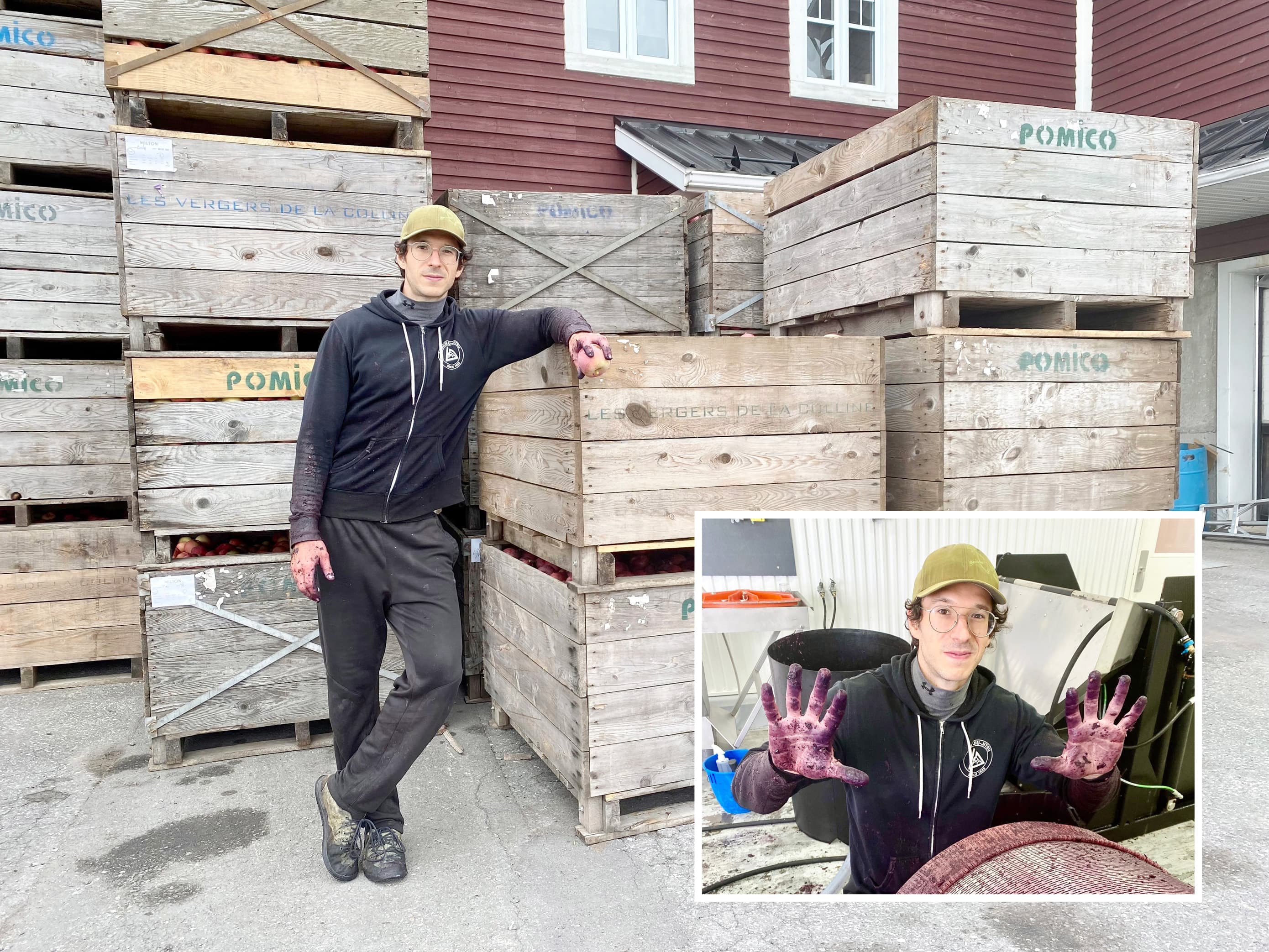 Steven Fortin était en pleine préparation pour son cidre Nordiq, cette semaine, à la Cidrerie Milton, en Estrie. Afin de lui « donner du oumf », il ajoute du marc de raisin à la préparation, comme on peut le voir en mortaise.