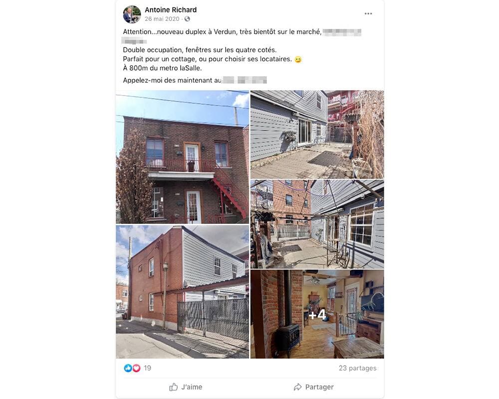 Le 26 mai 2020, Antoine Richard publiait l’annonce Facebook ci-dessus, sans être encore propriétaire du duplex en question.