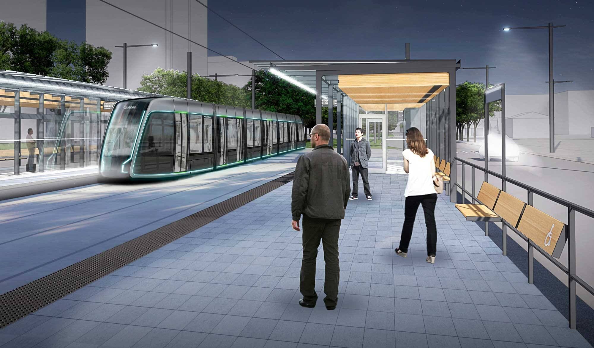 Sur ce rendu de la Ville de Québec, on voit un aperçu du futur tramway de Québec.
