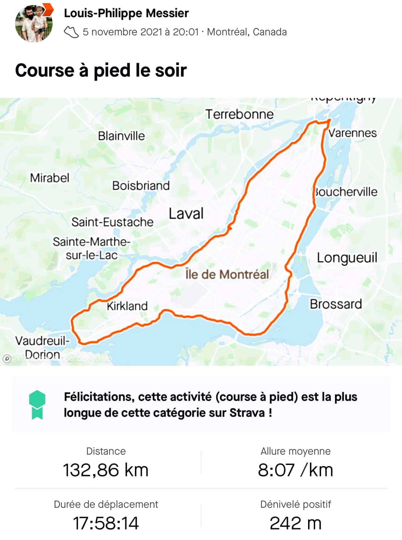 En rouge, le tracé de notre course autour de Montréal.