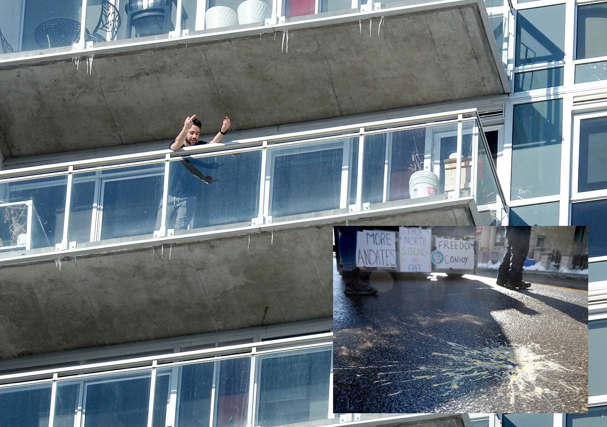 Un résident d’Ottawa a démontré son mécontentement en faisant des doigts d’honneur aux camionneurs sur qui il venait de lancer des œufs (en mortaise), sur la rue Bank, dimanche.