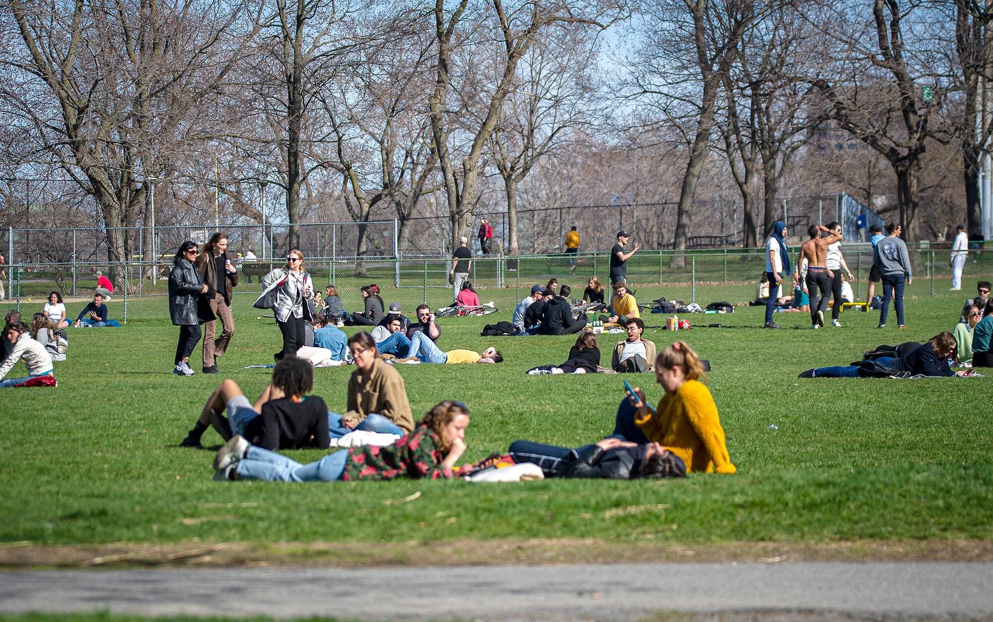 Des Montréalais dans le parc Jeanne-Mance profitent des rayons du soleil.