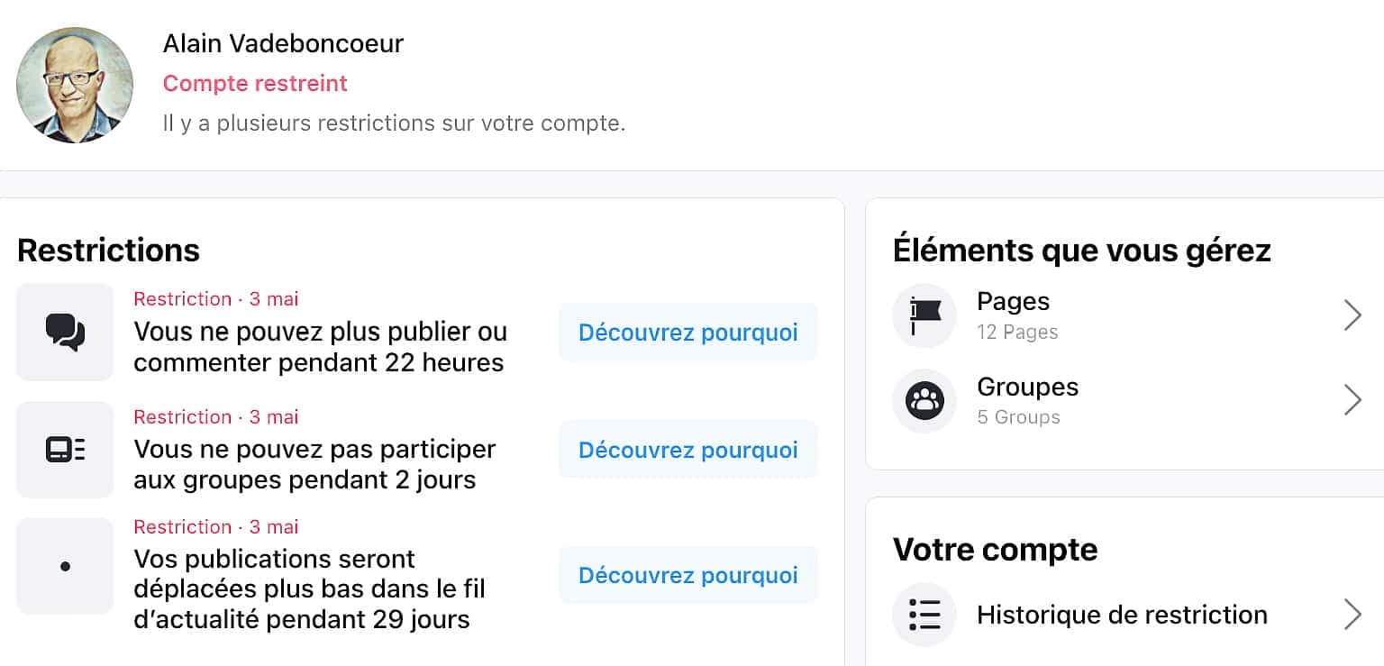 L’avis de blocage de Facebook le 3 mai.