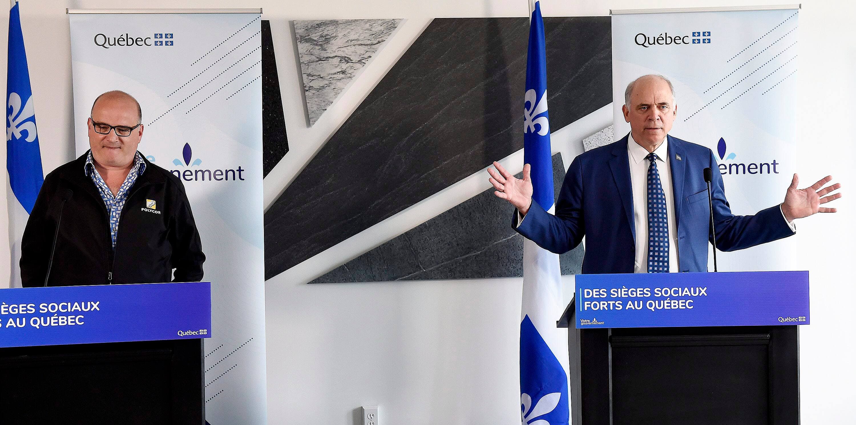 Patrick Perus, grand patron de Polycor, aux côtés du ministre de l’Économie et de l’Innovation Pierre Fitzgibbon, mercredi, à Québec, lors de l’annonce d’une prise de participation de 98 millions de dollars d’Investissement Québec dans l’entreprise.