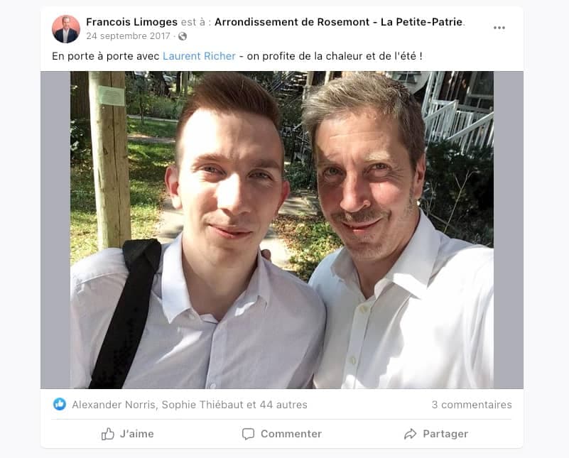 Ici, on le voit en train de faire du porte-à-porte en 2017 avec l’actuel maire de Rosemont, François Limoges.