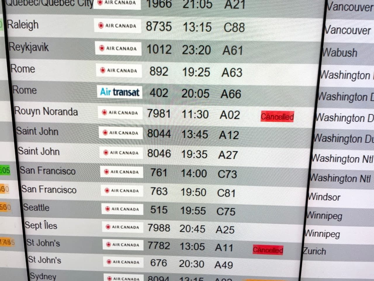 Le mot « cancelled » (annulé) était très présent, hier, au tableau d’affichage des départs, à Montréal-Trudeau, surtout pour ce qui est des vols d’Air Canada.