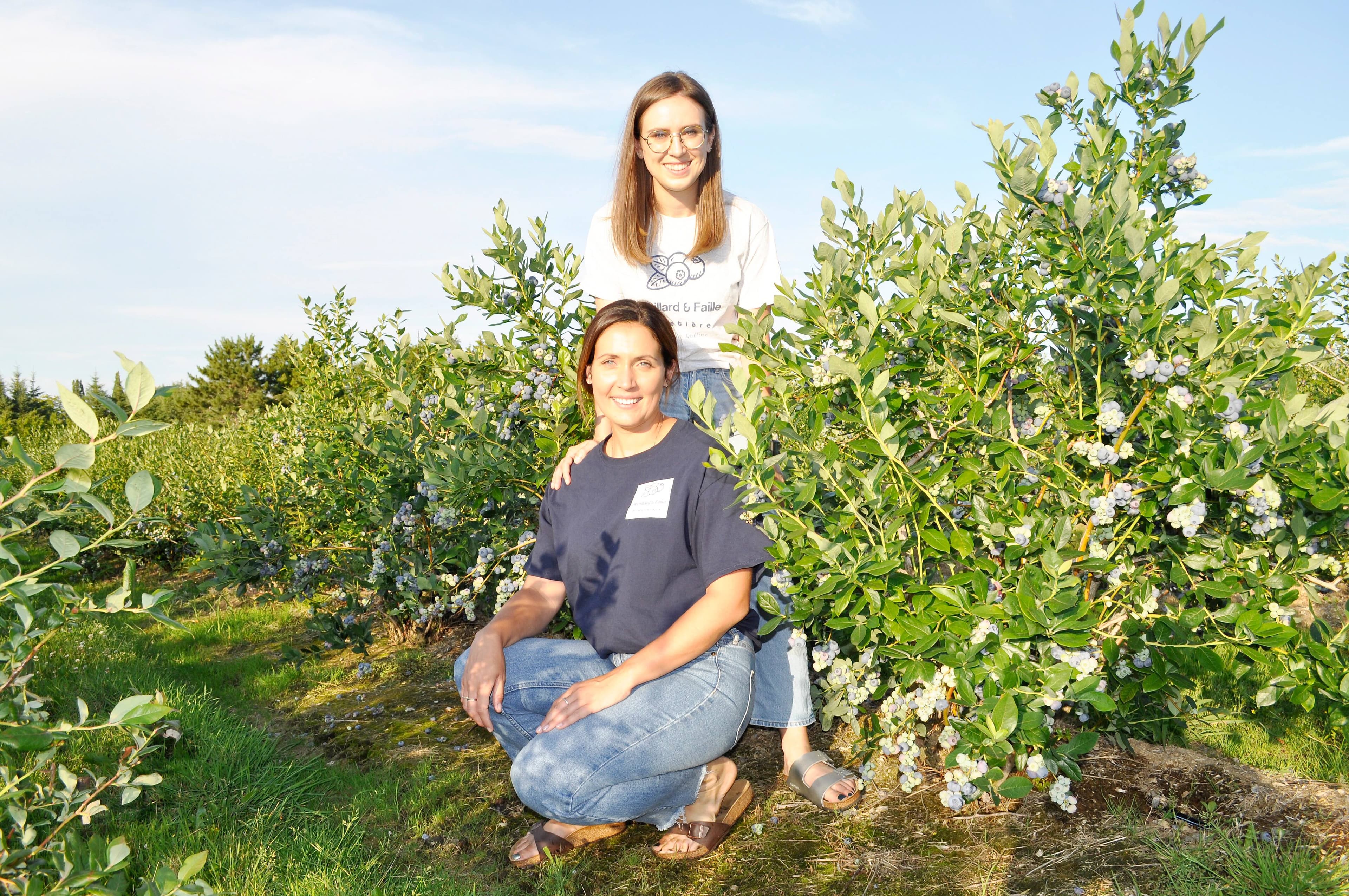 Impliquées dans la bleuetière familiale depuis l’enfance, Annick (accroupie) et Josiane Faille vont assurer la relève.
