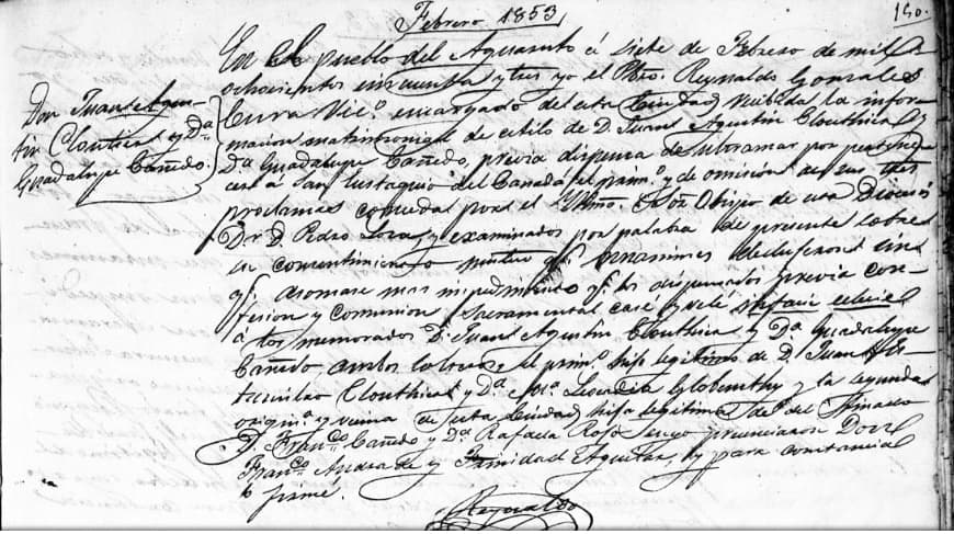 Le mariage du Dr Auguste Cloutier avec Guadalupe Fernandez Rojo, le 7 février 1853.