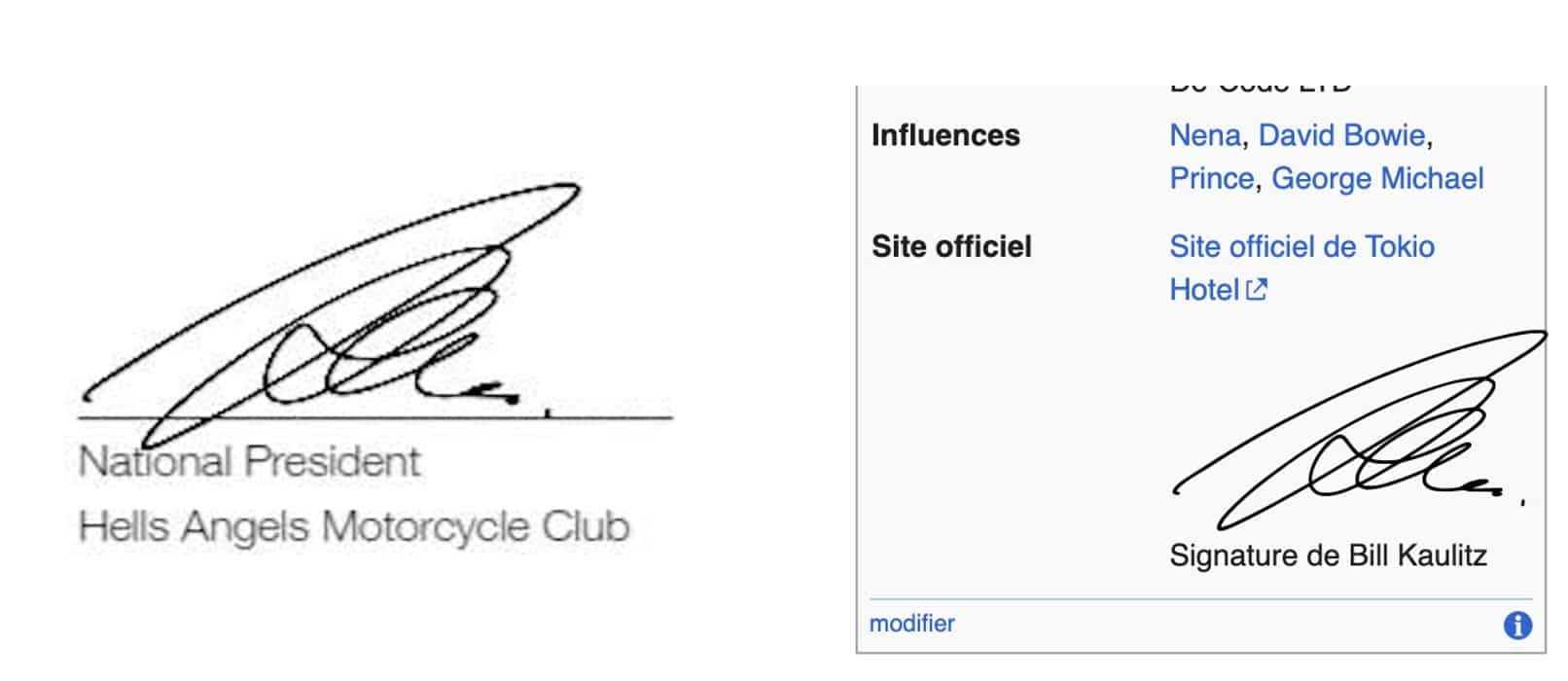 À gauche, la fausse signature du présumé «président national» des Hells Angels. À droite, la même signature appartenant au chanteur Bill Kaulitz du groupe Tokio Hotel. Celle-ci se retrouve facilement sur Wikipédia.