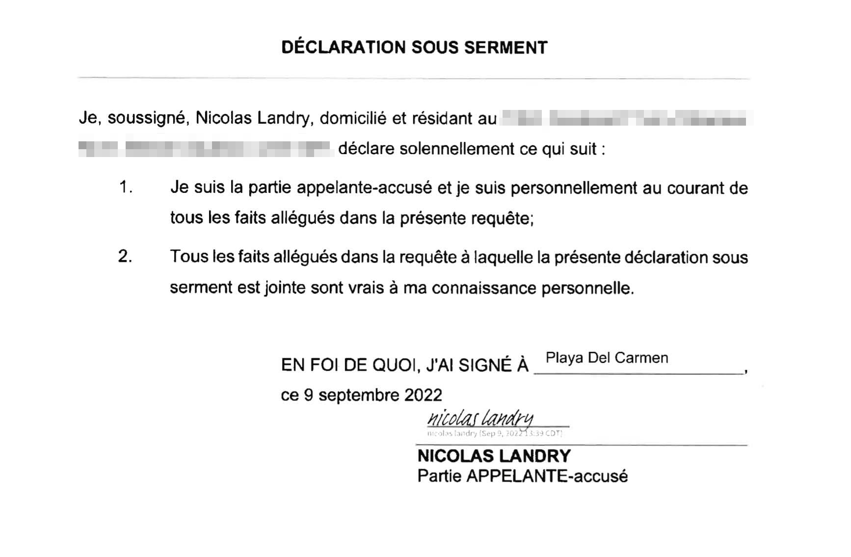 La déclaration qu’il a signée plus tôt ce mois-ci.