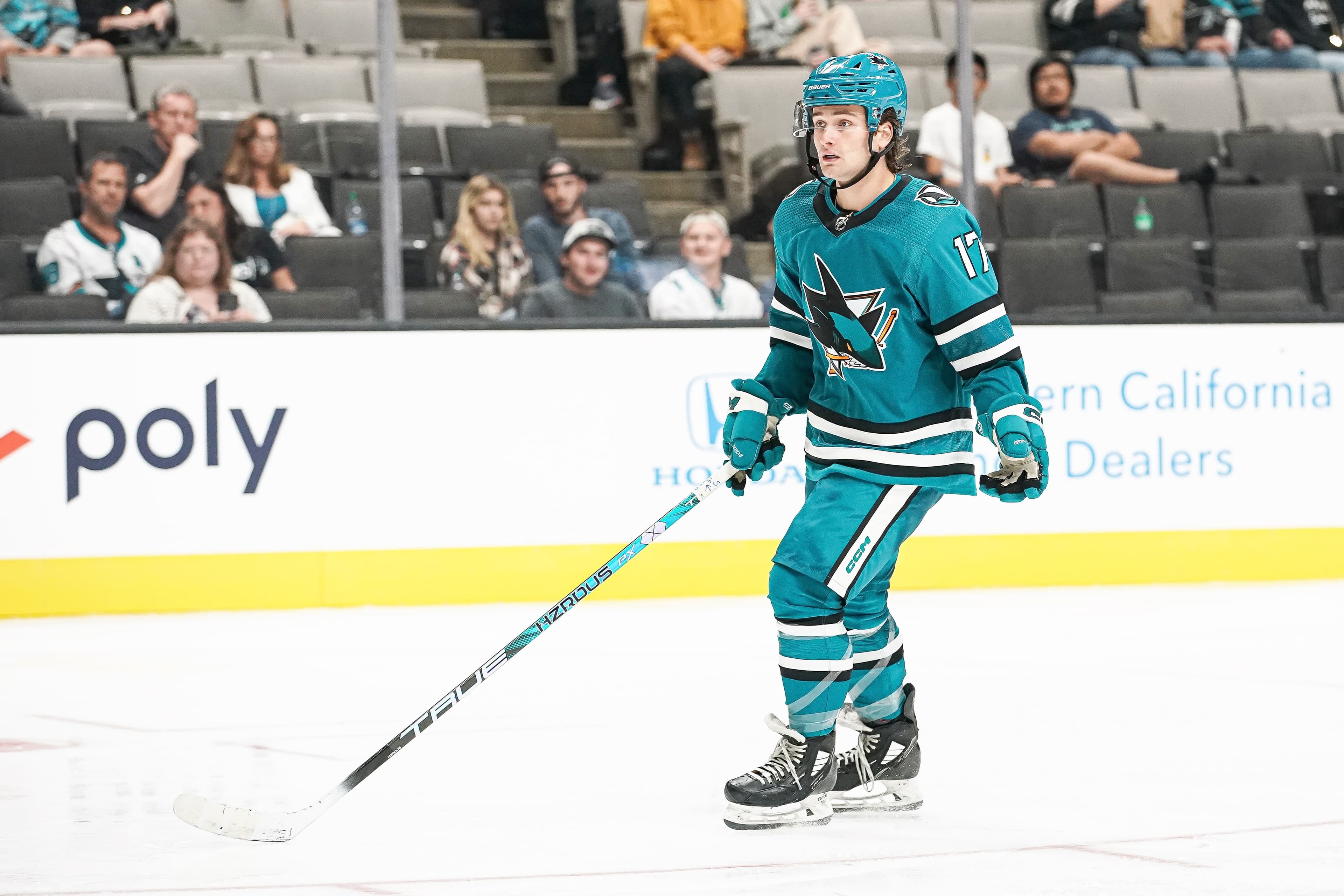 L’attaquant des Sharks Thomas Bordeleau au match préparatoire contre les Kings de Los Angeles.