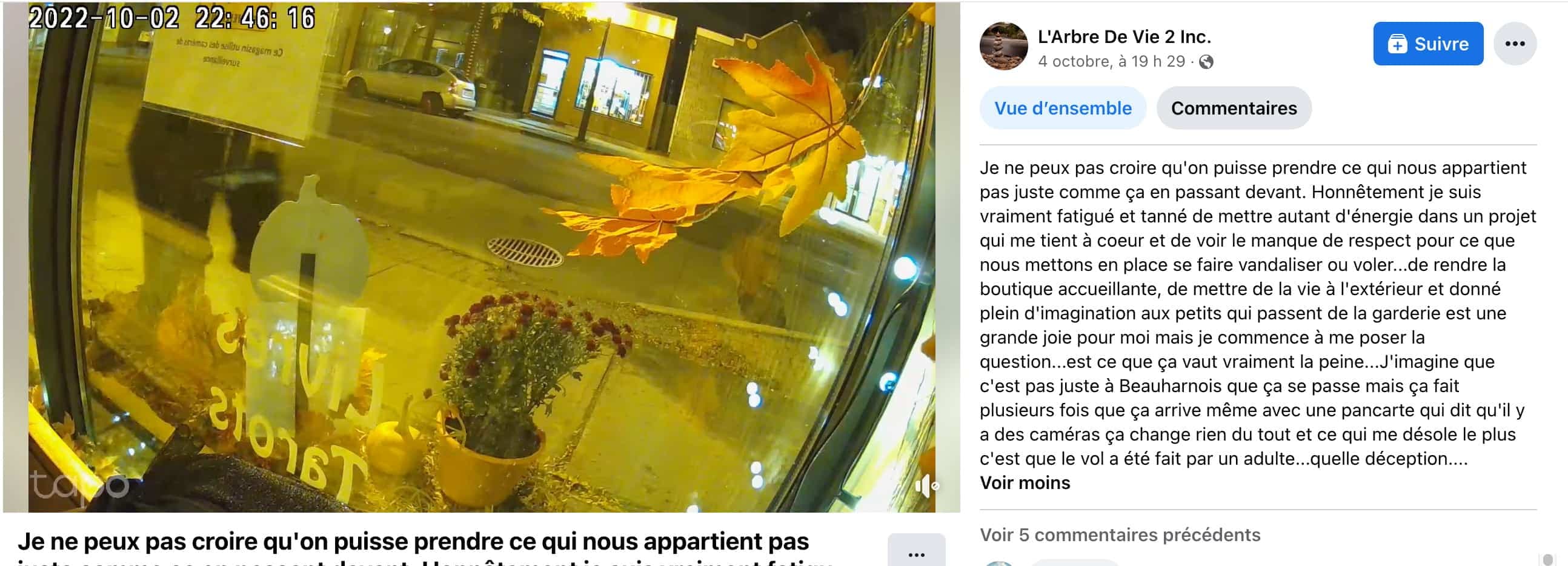 Capture d'écran tirée de Facebook, L'Arbre De Vie 2 inc.