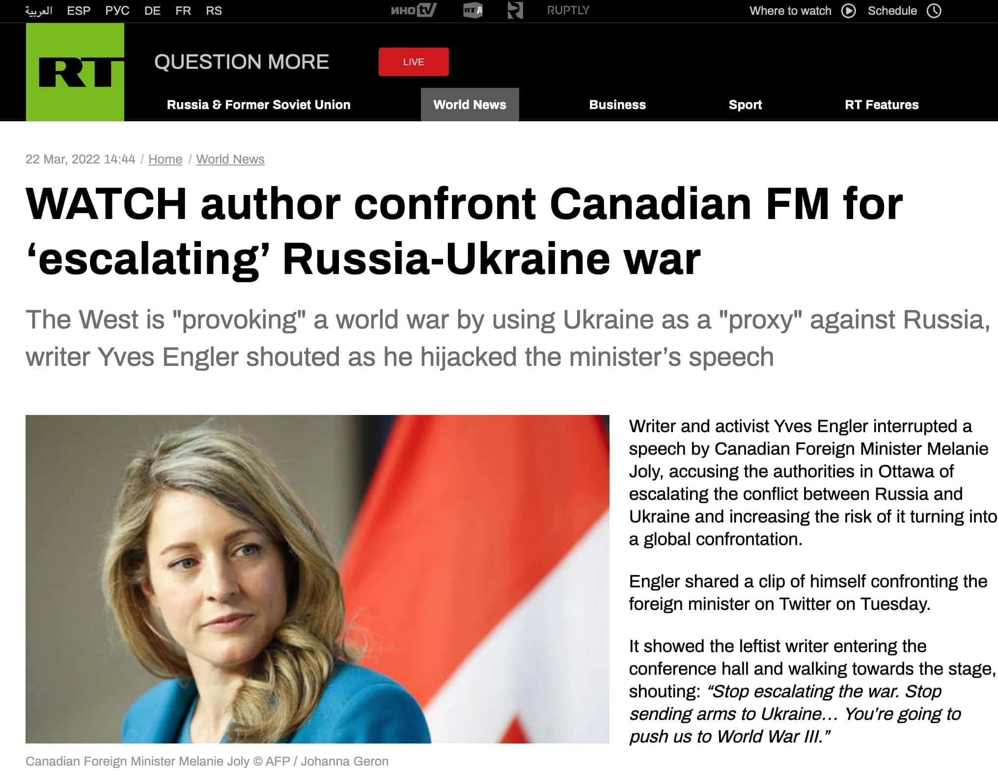 Le média RT reprend et écrit sur le contenu d'une vidéo virale publiée par Yves Lenger