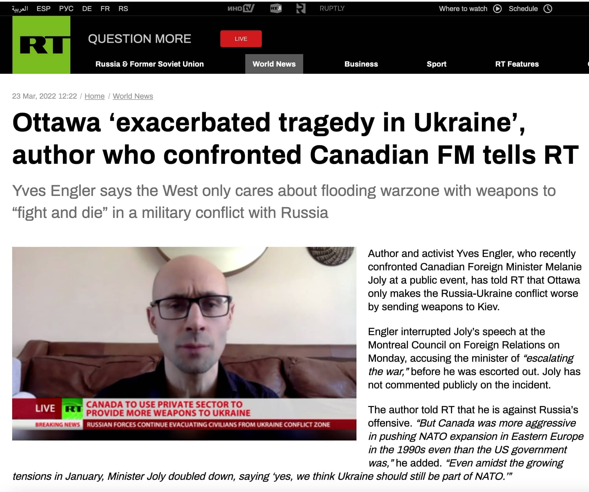 Yves Engler en entrevue avec le média de propagande russe RT en 2022