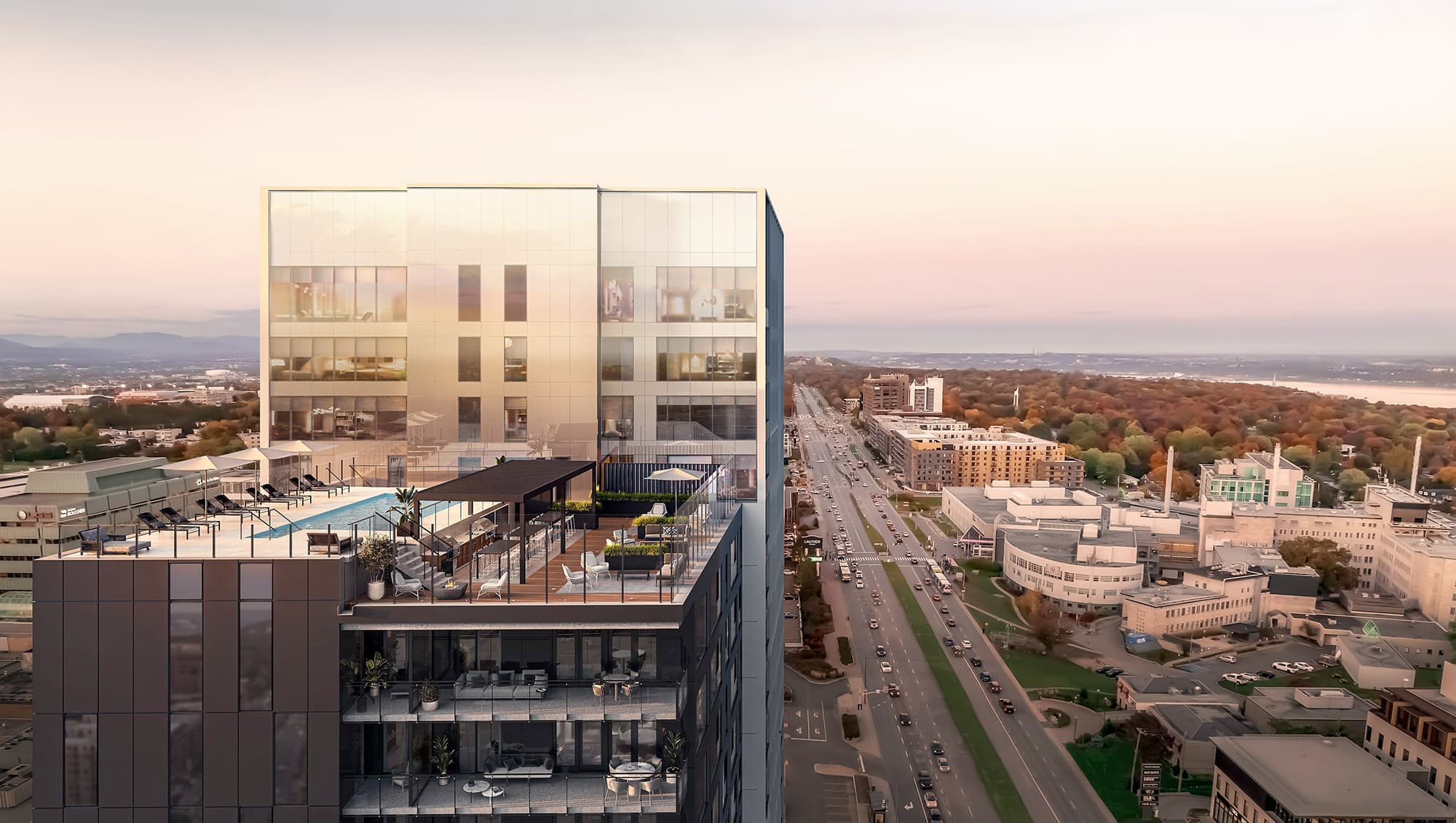 Sur ce rendu du projet immobilier du groupe ACERO, on remarque la piscine sur le toît de l’immeuble de 23 étages, édifice situé sur le boulevard Laurier.
