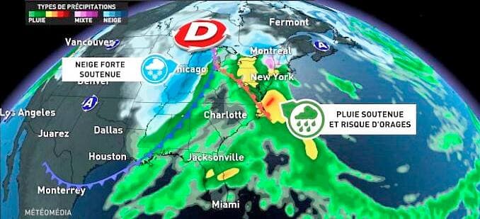 Une bonne partie des États-Unis, de Miami à New York, sera sous la pluie, alors que les Grands Lacs recevront de la neige. L’ensemble du Québec connaîtra des précipitations mixtes avec un refroidissement important à la fin du système.